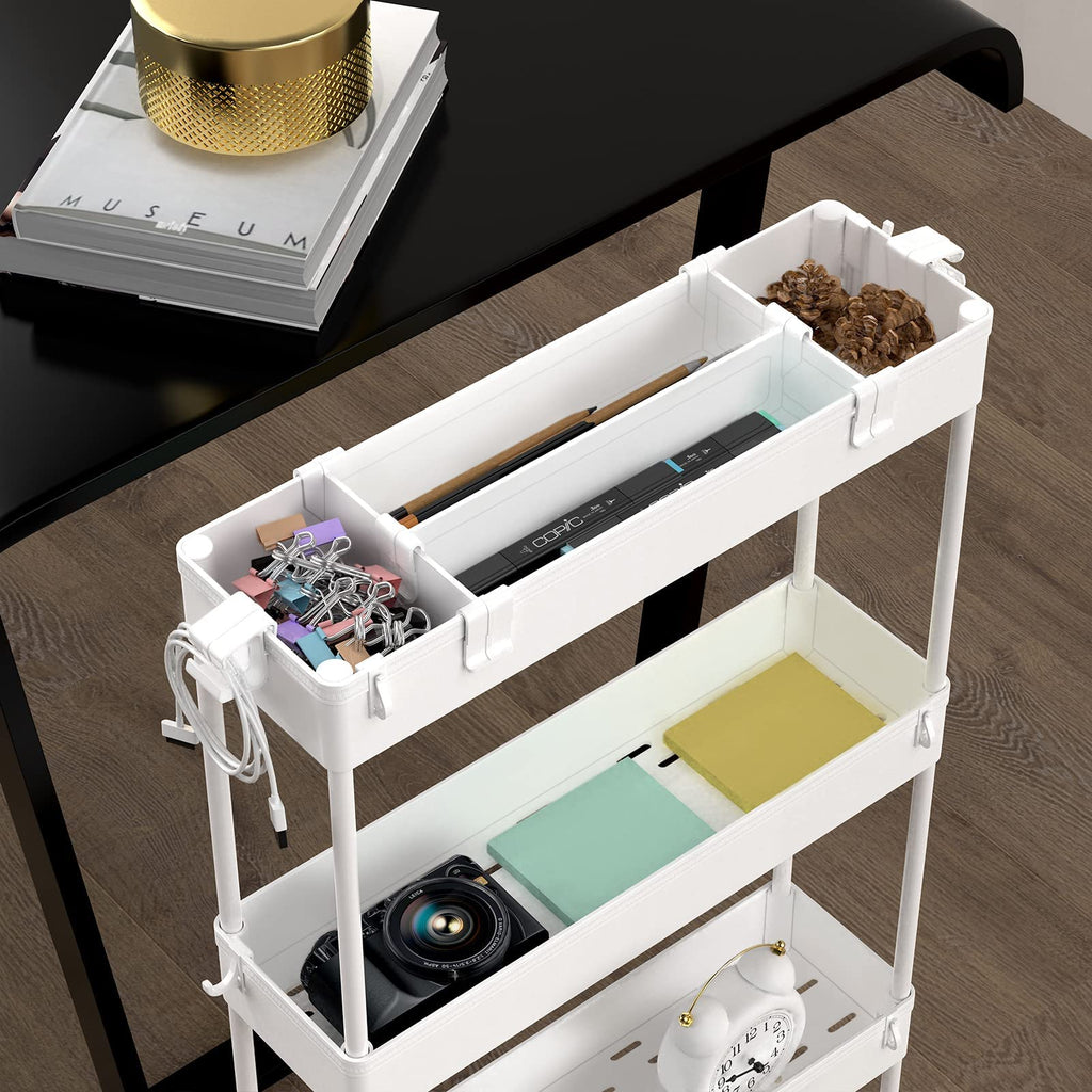 SPACELEAD Slim Storage Cart 4 Tier,Bathroom Storage Organizer Rolling Utility Cart, Mobile Shelving Unit Slide Out Storage Cart for Office, Bathroom, Kitchen, Laundry Room & Narrow Places,White