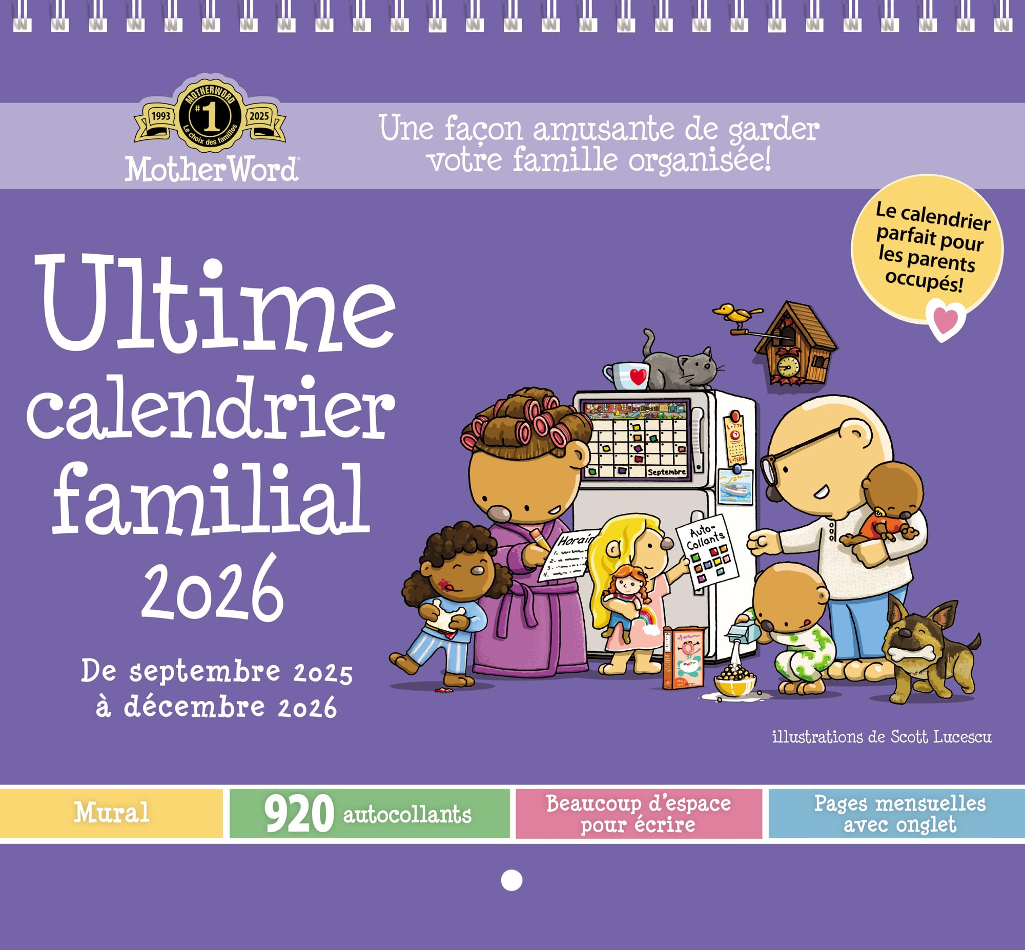 2026 MotherWord Ultimate Family Calendar, 16-Month Family Planner, Sept 2025-Dec 2026, French, Tabbed Wall Version, 12" x 21.5" (DDTF112826)