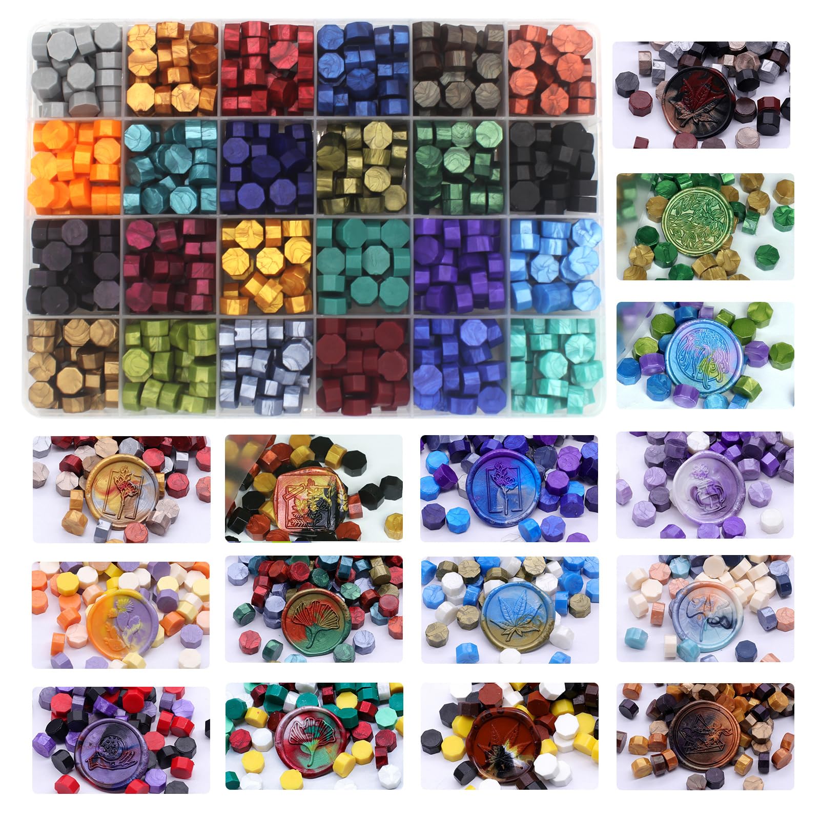 Wax Seal Kit with 24 Colors Wax Seal Beads 600pcs, Andotopee Tree of Life Wax Seal Stamp Kit with Electric Sealing Wax Warmer Set, Silicone Mold, Metallic Pen, 120 Removable Sticky Dots, Spoon Cleaner