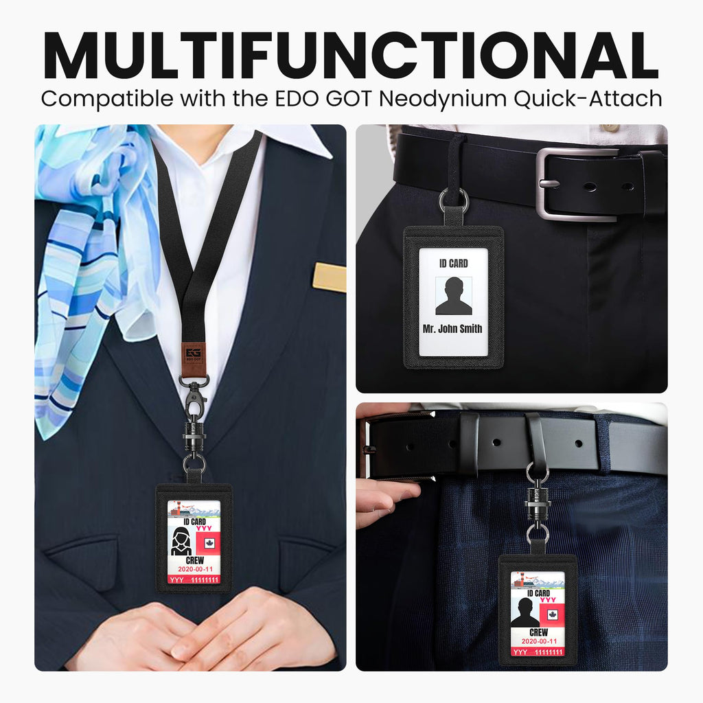 EDO GOT Black Genuine Leather ID Badge Holder for a Lanyard or Belt Loop, Premium ID Card Holder Multinational Design with Spring Ring Clasp, Elastic Back Card Pocket, Airports ID Badge Swipe
