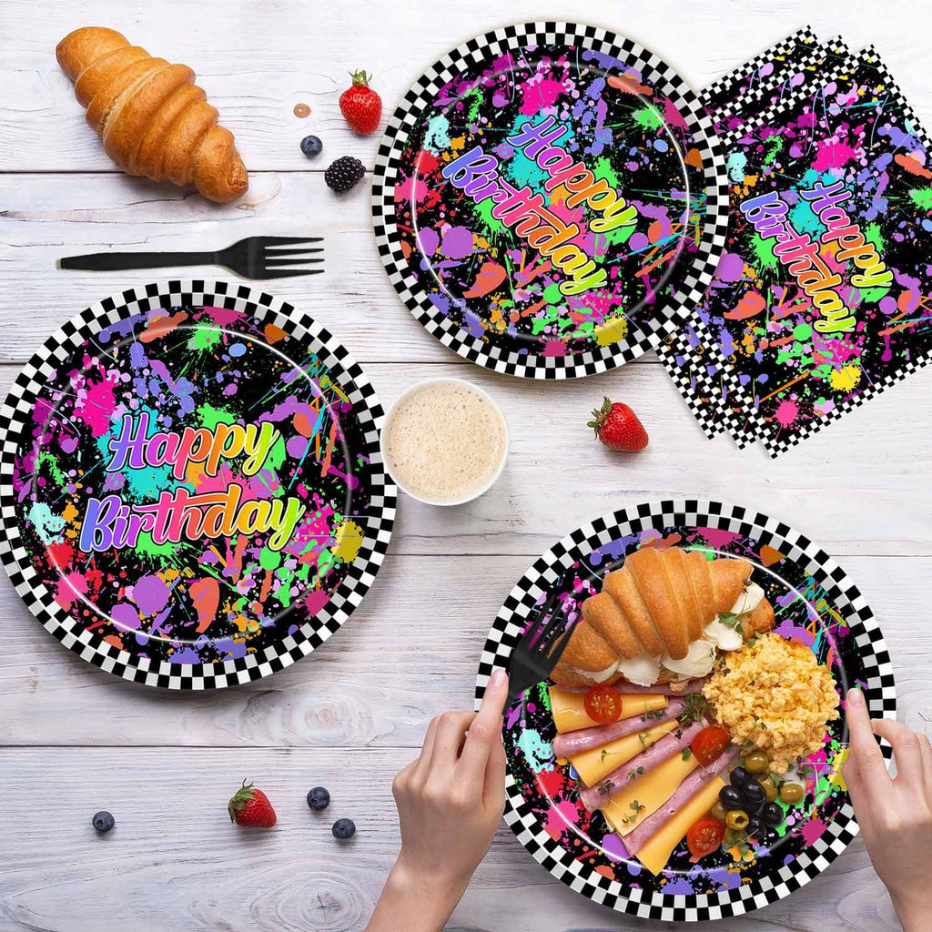 Joliaco 96 Pcs Neon Glow Birthday Party Tableware Set Colorful Graffiti Splatter Paint Disposable Paper Plates and Napkins Glow in the Dark Theme Party Supplies for 24 Guests