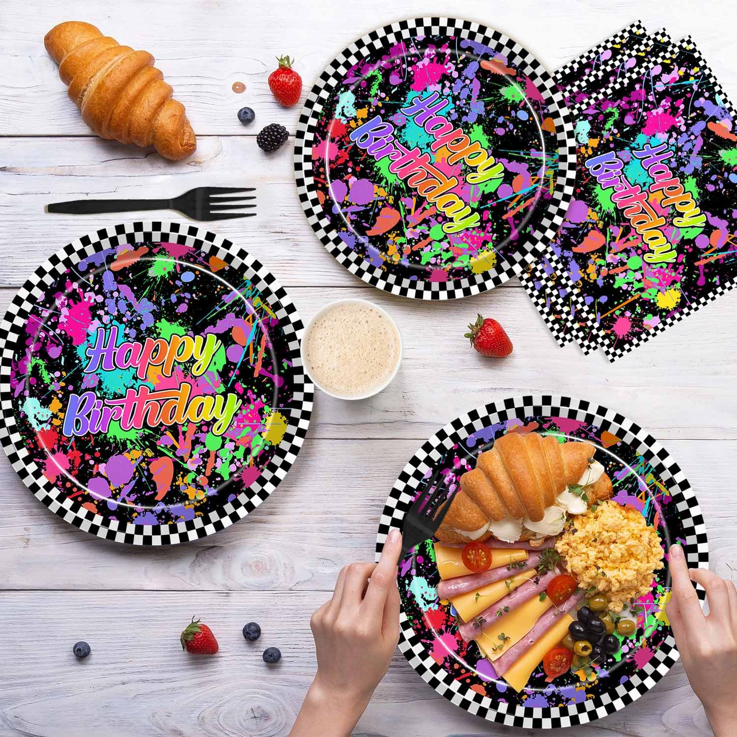 Joliaco 96 Pcs Neon Glow Birthday Party Tableware Set Colorful Graffiti Splatter Paint Disposable Paper Plates and Napkins Glow in the Dark Theme Party Supplies for 24 Guests