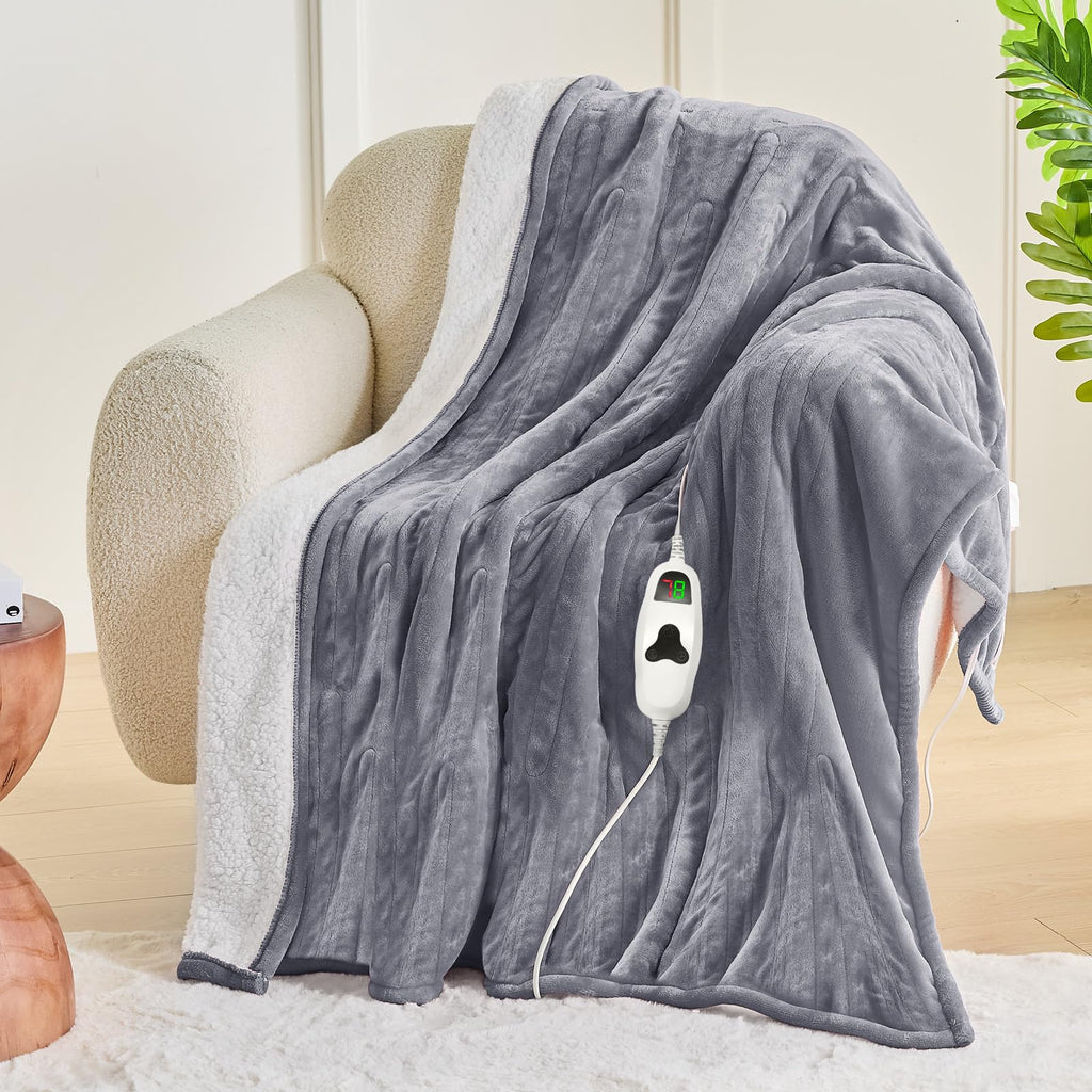 Heated Blanket Electric Blanket Throw,50“ x 60” Heating Blanket,Thick Warming Plush Electric Lap Sherpa Gifts for Women,Mom,Grandma with 5-Position Timer &10 Heating Levels,Grey