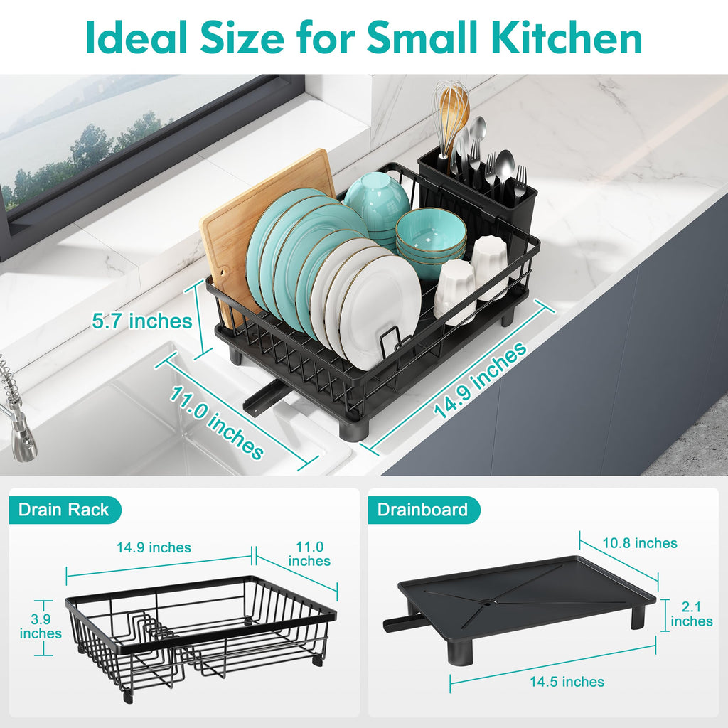 MAJALiS Stainless Steel Dish Drying Rack with Drain Board for Kitchen Counter, Rust Proof Small Dish Drainer with Drainage, Black Iron Dish Storage Organizer, Cutlery Holder and Extra Dryer Tray