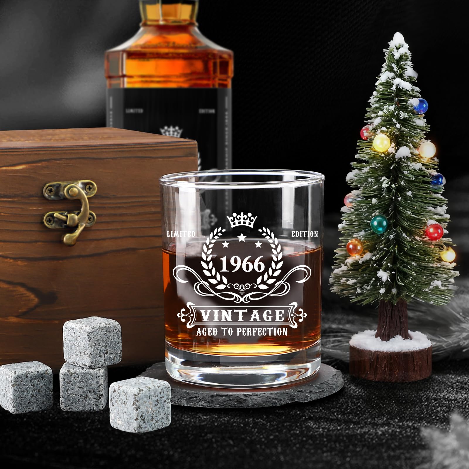 60th Birthday Gifts for Men, Cool 60th Birthday Decorations for Men, 60 Year Old Gifts for Man Who Have Everything, 1966 60th Birthday Gift Baskets for Man Whiskey Glass Baseball Cap Socks Stones