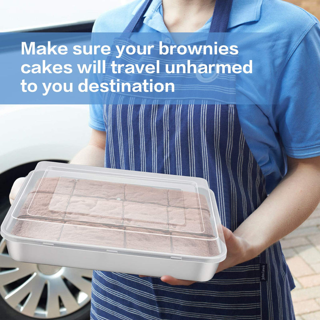 Stainless Steel Baking Pan with Lid, E-far 12⅓ x 9¾ x 2 Inch Rectangle Sheet Cake Pans with Covers Bakeware for Cakes Brownies Casseroles, Non-Toxic & Healthy, Heavy Duty & Dishwasher Safe - Set of 2