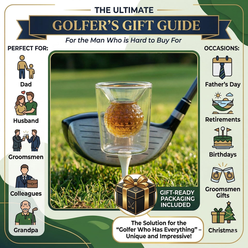 Golf Ball Shot Glass Set Funny Handmade Golf Gifts for Men - 2 oz Double Walled Glasses with 3D Shape Golf Ball Inside for Tequila, Scotch, Whiskey, Bourbon, and Cocktail (4)