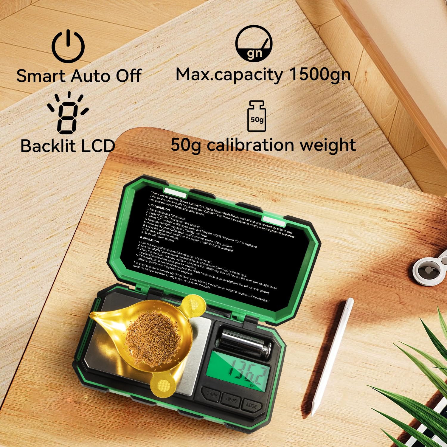 UNIWEIGH Digital Reloading Scale Precision 1500 Grains x 0.1gn,Powder Scale for Reloading, Grain Scale with LCD Display/Tare/Calibration Functions,microgram Scale Pocket,Includes Batteries