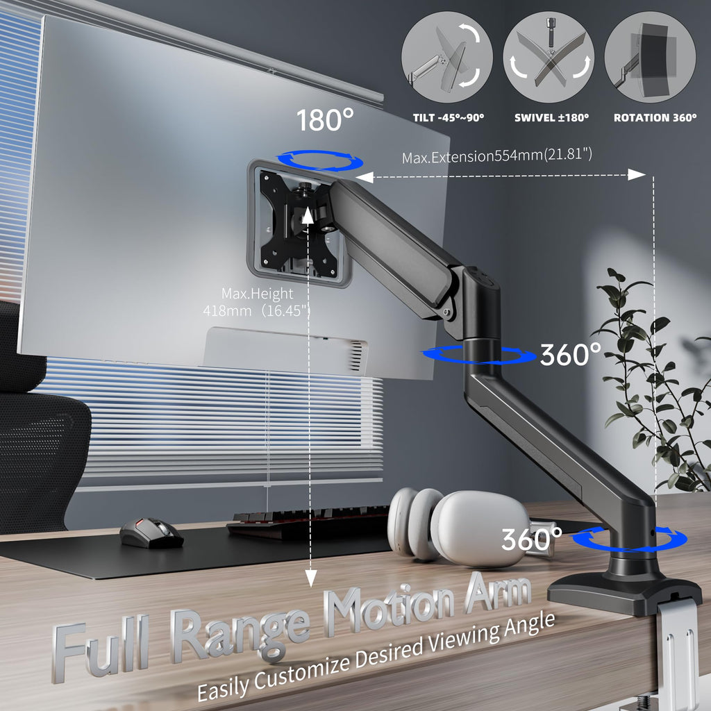 C-MOUNTS Single Monitor Arm Desk Mount，Gas Spring Monitors Arm for 17-32 inch Screens,Adjustable Computer Monitors Stand up to 4.4 to 19.8 lbs,Vesa Mount with Clamp and Grommet Base, VESA 75 & 100mm