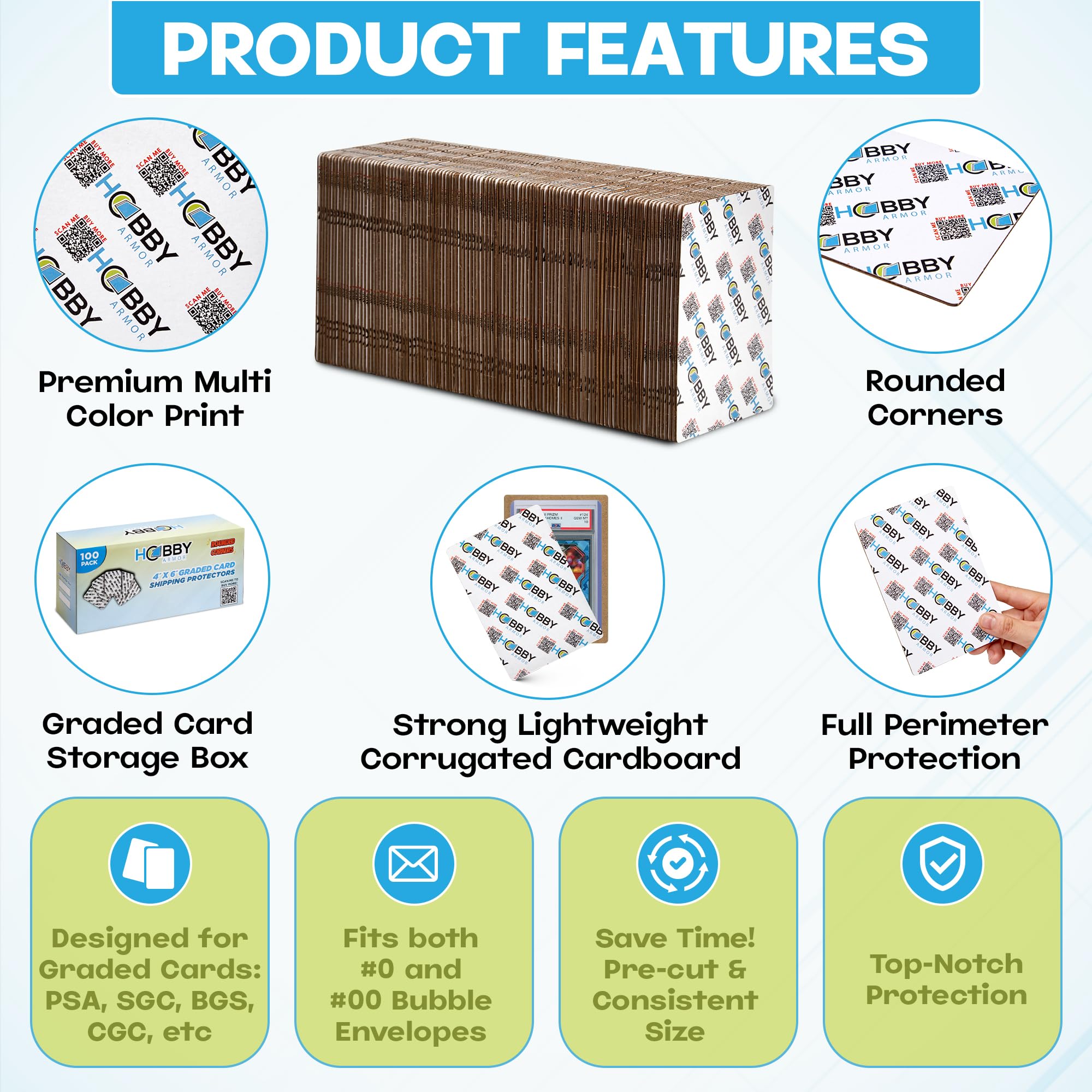 100 Pack Graded Trading Card Shipping Protector by Hobby Armor, 4" x 6" with Rounded Corners, Vibrant Multi-Color Card Protector to Guard Cards From Dings, Premium Cardboard Slab Shipping Supplies