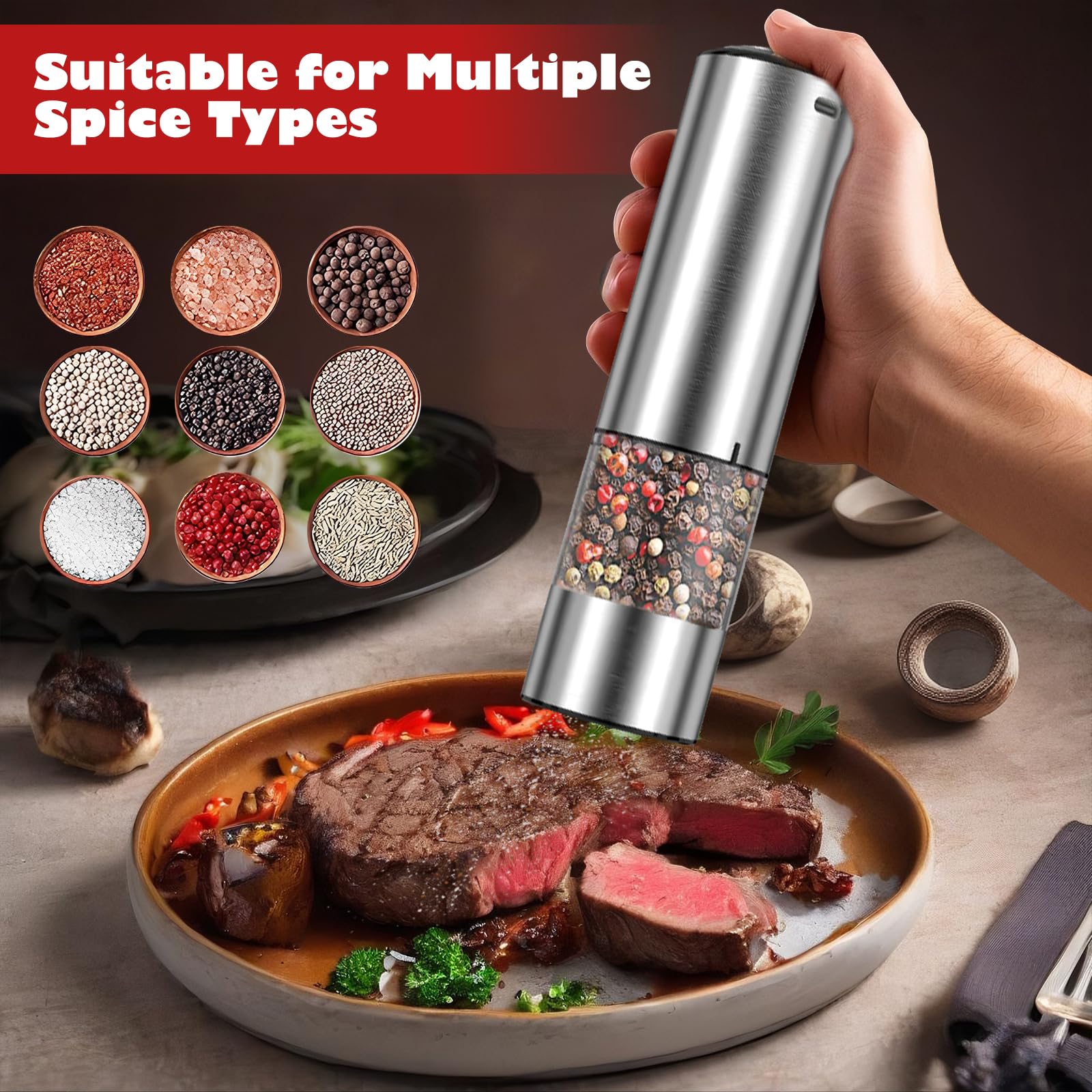 Rechargeable Electric Salt Pepper Grinder - Electric Salt or Pepper Mill with Ceramic Grind Refillable Salt Grinder Adjustable Coarseness Pepper Mills Automatic Salt Pepper Shaker