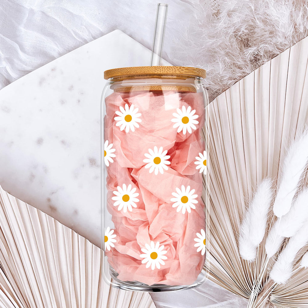 Cute Glass Cups with Lids and Straws, Daisy Design Iced Coffee Cup, Aesthetic Mug Tumbler for Women, Flower Drinking Glasses, Birthday Valentines Christmas Mothers Day Coffee Lover Gifts for Women