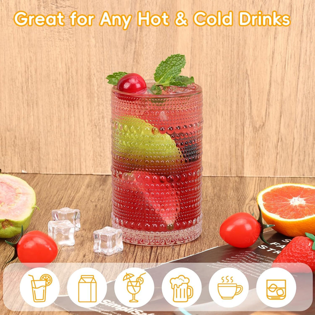 Hobnail Drinking Glasses Set of 8, 12 Oz Highball Glasses & 10 Oz Cocktail Glasses, Clear Embossed Boho Glass Cups Kitchen Bar Tumbler Glassware Set for Whiskey, Beer, Juice, Milk