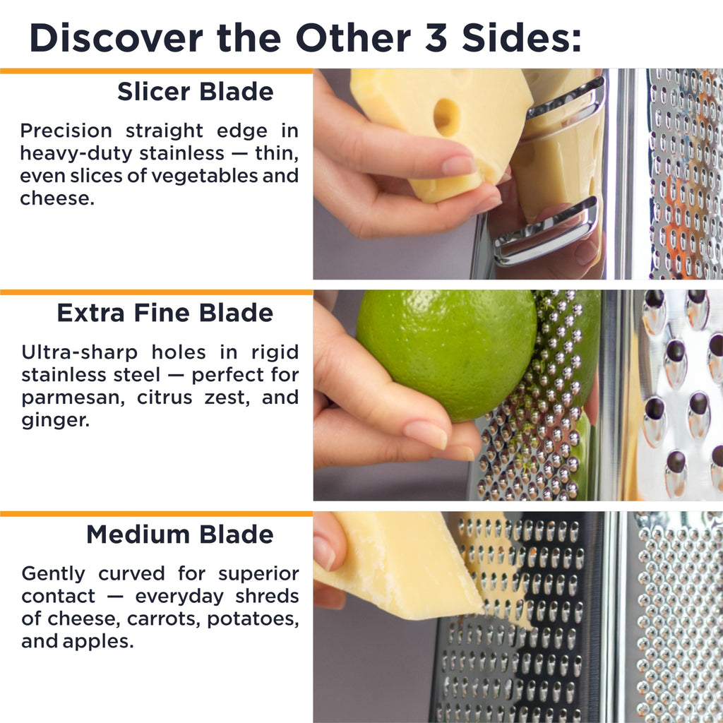 Deiss PRO Box Grater & Cheese Graters for Kitchen - Stainless Steel Cheese Grater and Food Shredder, 4 Sided Hand Grater for Block Cheese, Vegetables Non-Slip Base, Dishwasher Safe