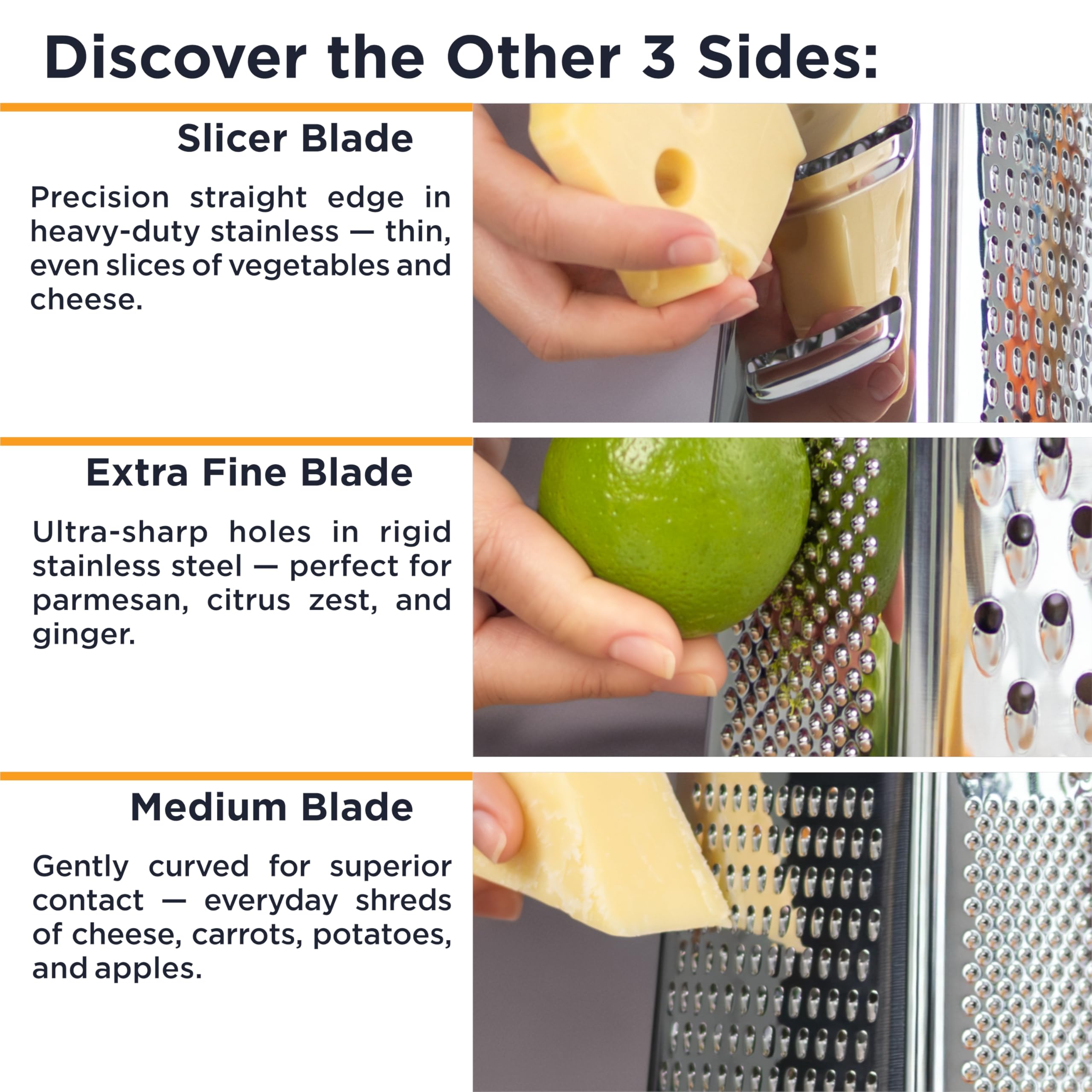 Deiss PRO Box Grater & Cheese Graters for Kitchen - Stainless Steel Cheese Grater and Food Shredder, 4 Sided Hand Grater for Block Cheese, Vegetables Non-Slip Base, Dishwasher Safe