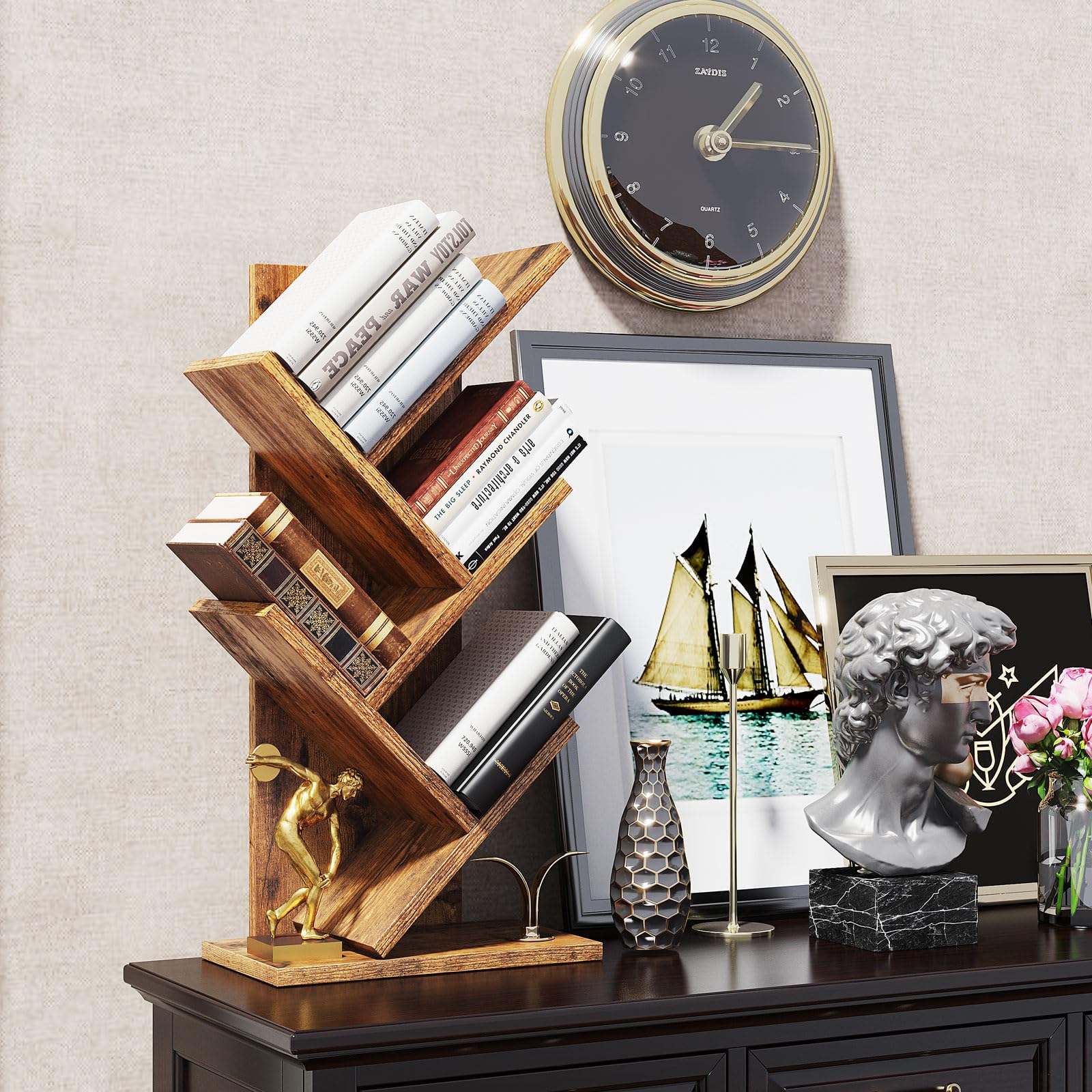 YMYNY 4-Tier Tree Bookshelf, Small Bookcase, Modern Wood Book Storage Rack, Freestanding Book Shelf for Books/Movies/CDs, Narrow Display Rack for Living Room, Home Office, Rustic Brown HBC014H