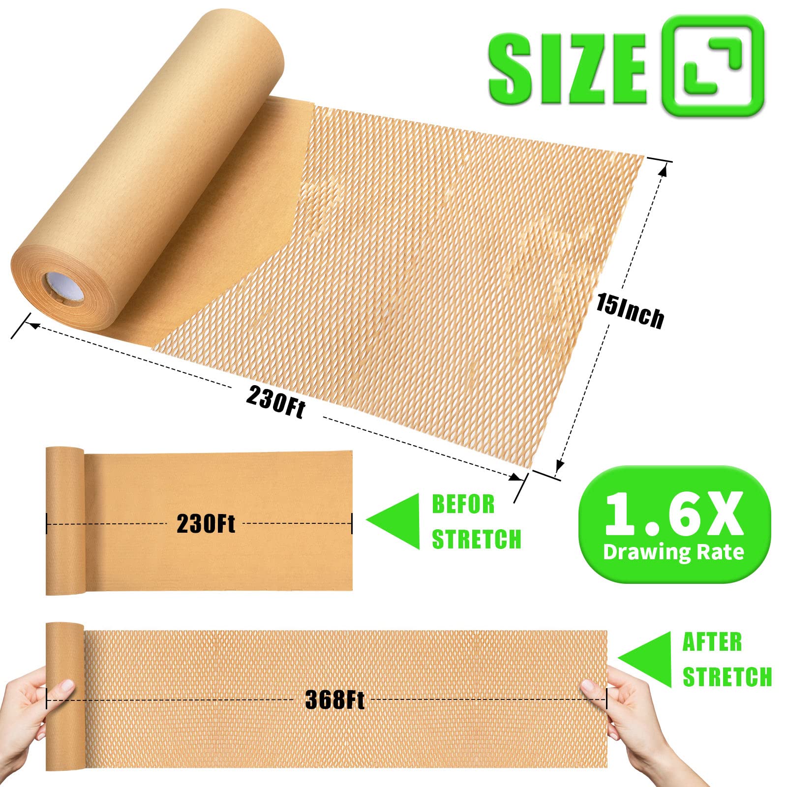 Honeycomb Packing Paper, MINHAO 15"x230' Eco Friendly Packing Paper for Moving Recyclable Honeycomb Paper Moving Supplies Bubble Wrapping Protective Roll, With 36 Fragile Sticker Labels