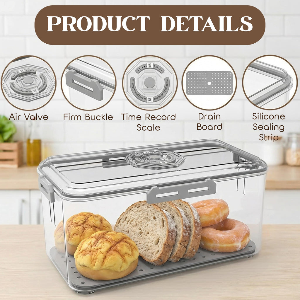 ZEAYEA Bread Box for Kitchen Countertop, Airtight Bread Storage Container, Time Recording Plastic Bread Keeper for Bread Bagel Loaf, Fresh Container for Vegetable Fruit Fridge Organizer