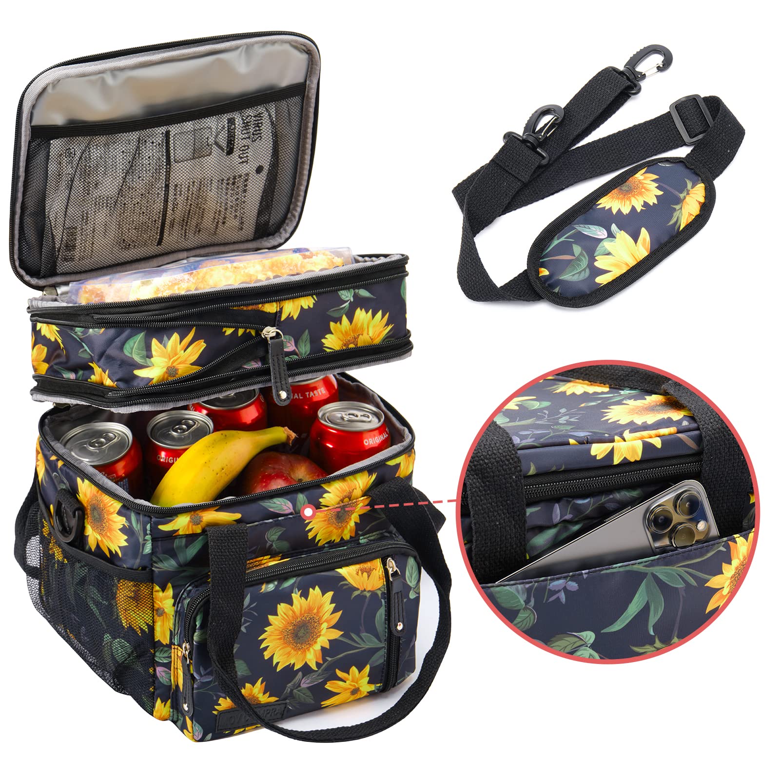 Lunch Bag for Women Men Double Deck Lunch Box,Expandable Large Lunch Bags,Leakproof Lunch Box Cooler Bag (Sunflower)