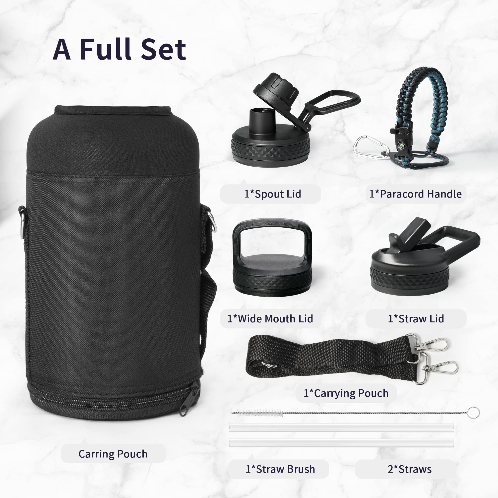 Water Bottle 64oz with Paracord Handle, Trebo Half Gallon Food-Grade Double Wall Vacuum Stainless Steel Insulated Jug with Straw Spout Handle Lids, Leakproof Keep Cold & Hot, Ombre: Indigo/Black