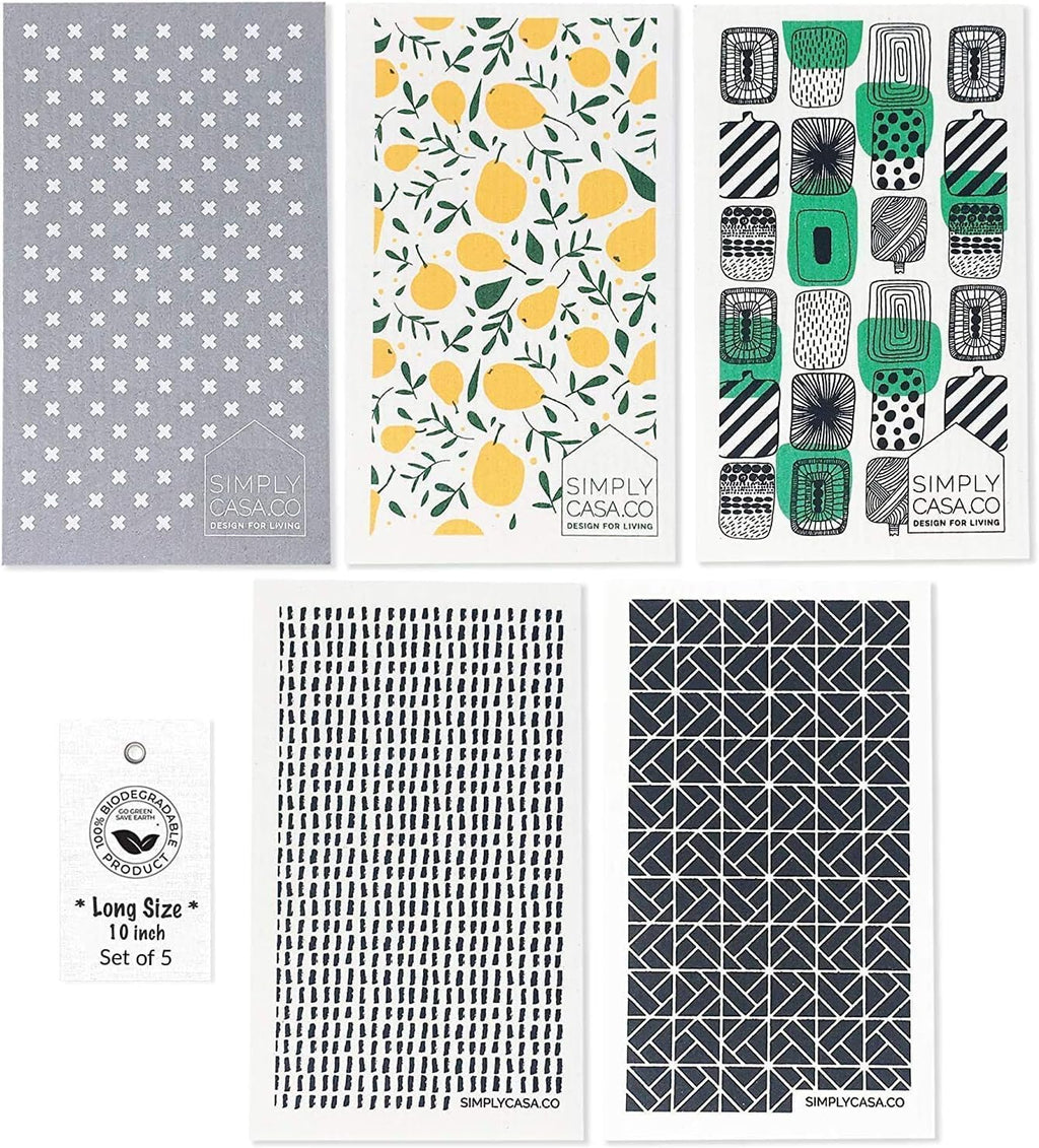 SIMPLYCASA Long 5‑Pack Swedish Dishcloths – Reusable, Cellulose Sponge Dish Cloths for Washing Dishes, Paper Towel Replacement, Plastic-Free Packaging, Super Absorbent