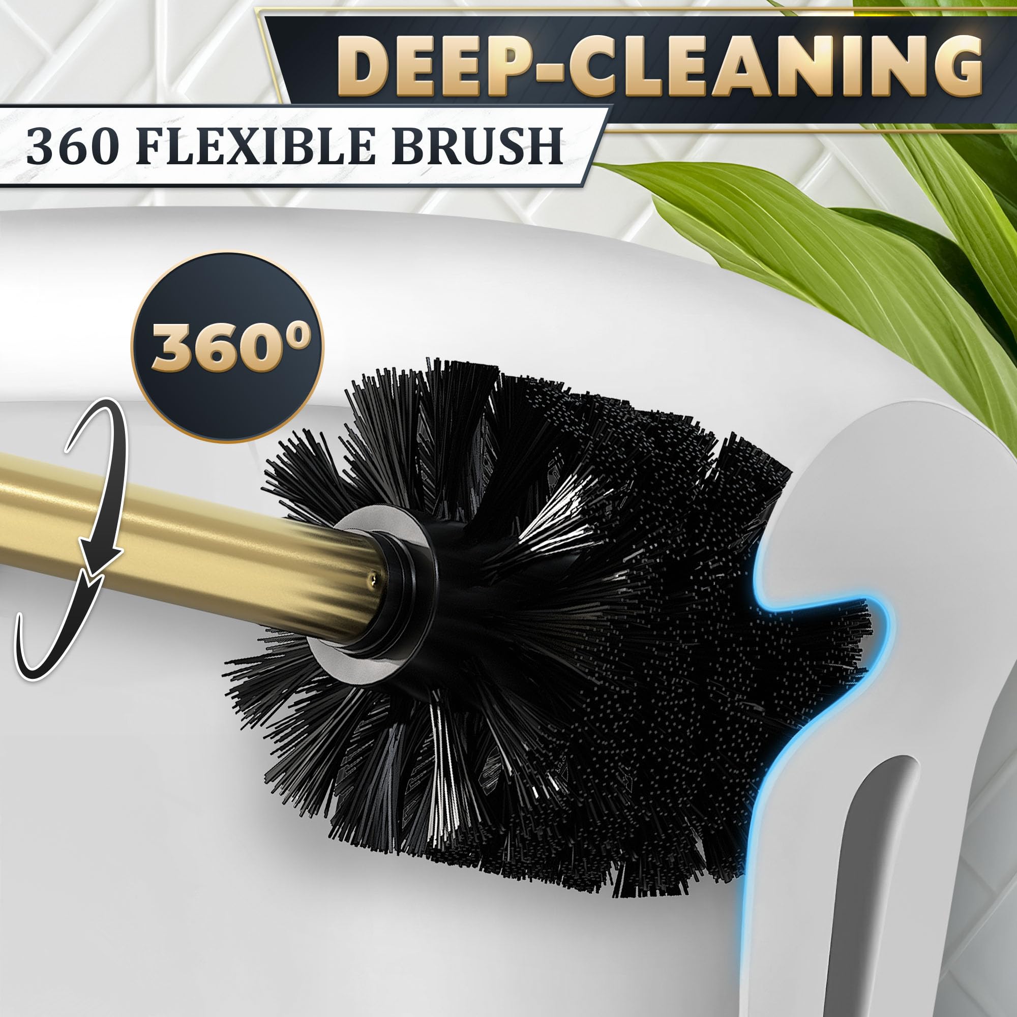 Gold Toilet Brush and Holder Set with Wall Mount - Modern Wall Mounted Toilet Brush Made from Corrosion-Resistant Stainless Steel - Removable Inner Bowl, Splash Protection & Dense Bristles Supplied