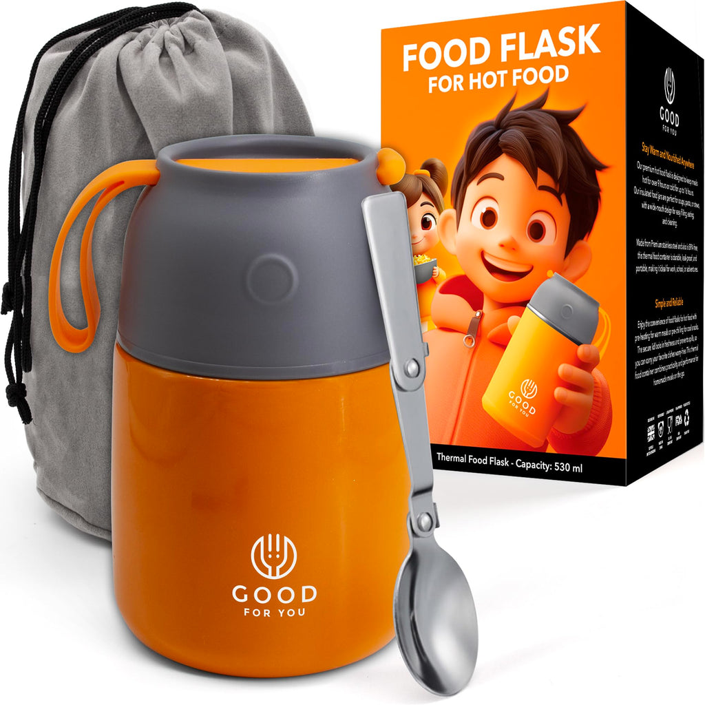 Insulated Food Flask - 530ml Stainless Steel Jar for Hot and Cold Meals – Double-Wall Insulation, Thermal Food Container for School, Office, Travel, Camping - Foldable Spoon, Bag - Orange - 24.7 oz…