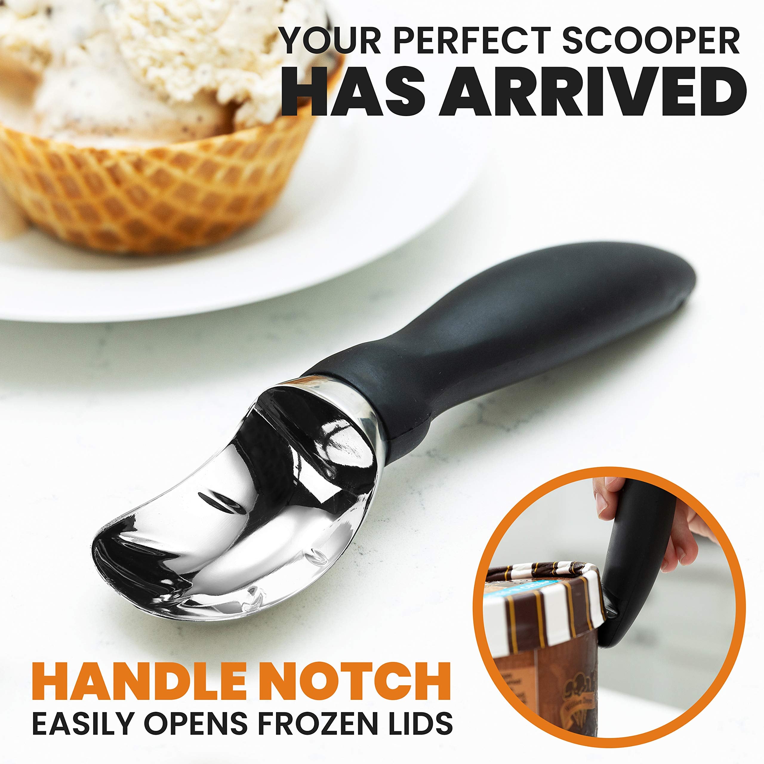Spring Chef Heavy Duty Ice Cream Scoop with Comfortable Handle - Professional Ice Cream Scooper for Gelato, Sorbet, Cookie Dough, Melon, Frozen Yoghurt - Dishwasher Safe Metal Kitchen Tool - Black