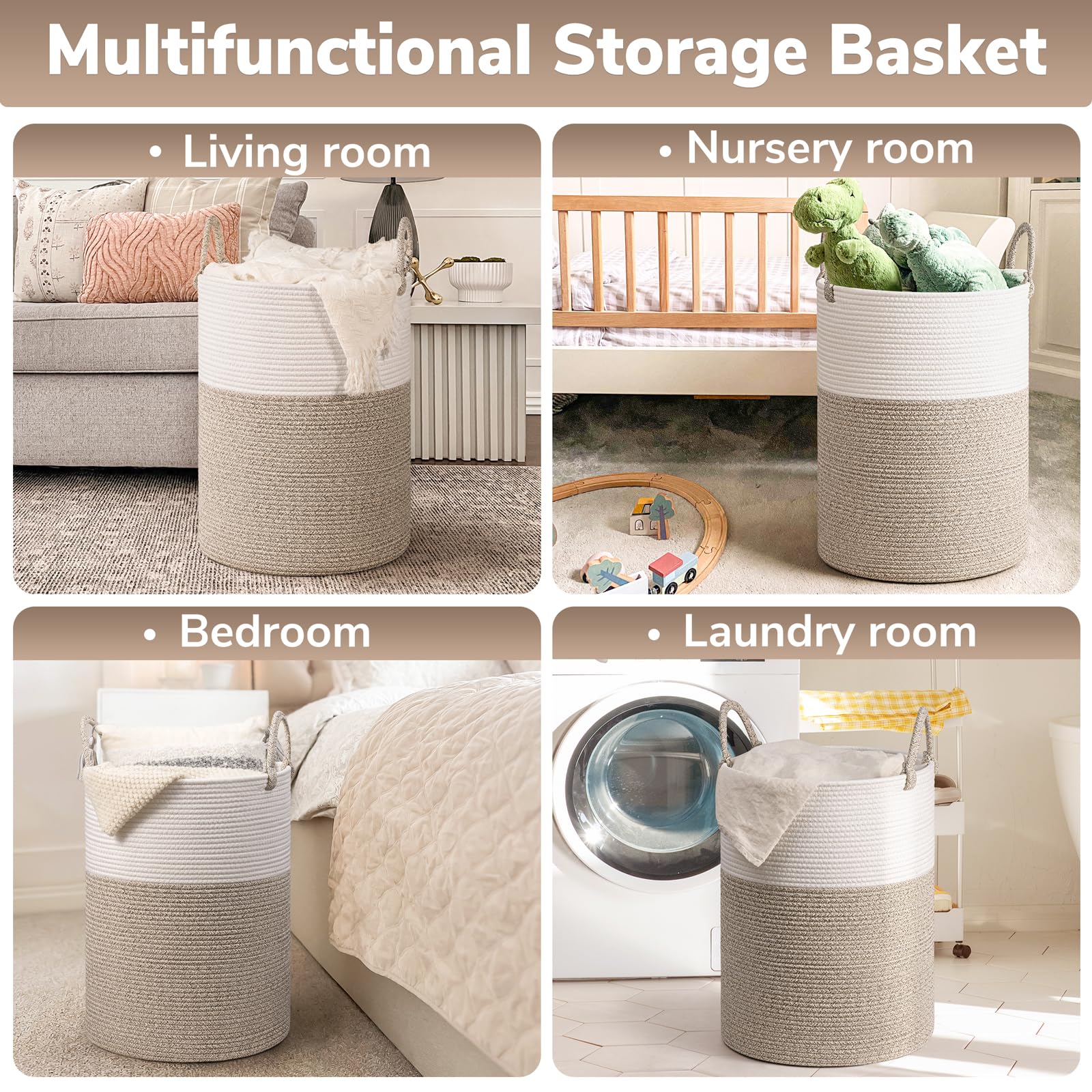 INDRESSME Large Laundry Hamper, 55L Baby Laundry Hamper for Toys, Tall Woven Laundry Basket for Clothes, Blanket Storage Basket for Living Room, 19.7 x 13.8 inches, Light & Brown