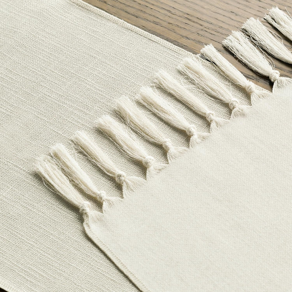 Artoid Mode Beige Tassel Table Runner, Boho Linen Blend Rustic Farmhouse Style Kitchen Table Decoration Holiday Wedding Party Dinning Decor 13x90 Inch