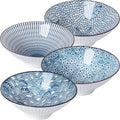 Yuanlity 38 oz Japanese Ramen Bowl Set of 4 - Large 8 Inch Ceramic Soup Bowls, Blue and White Japanese Noodle Bowls for Pho, Ramen, and Cereal - 4 Mixing Patterns