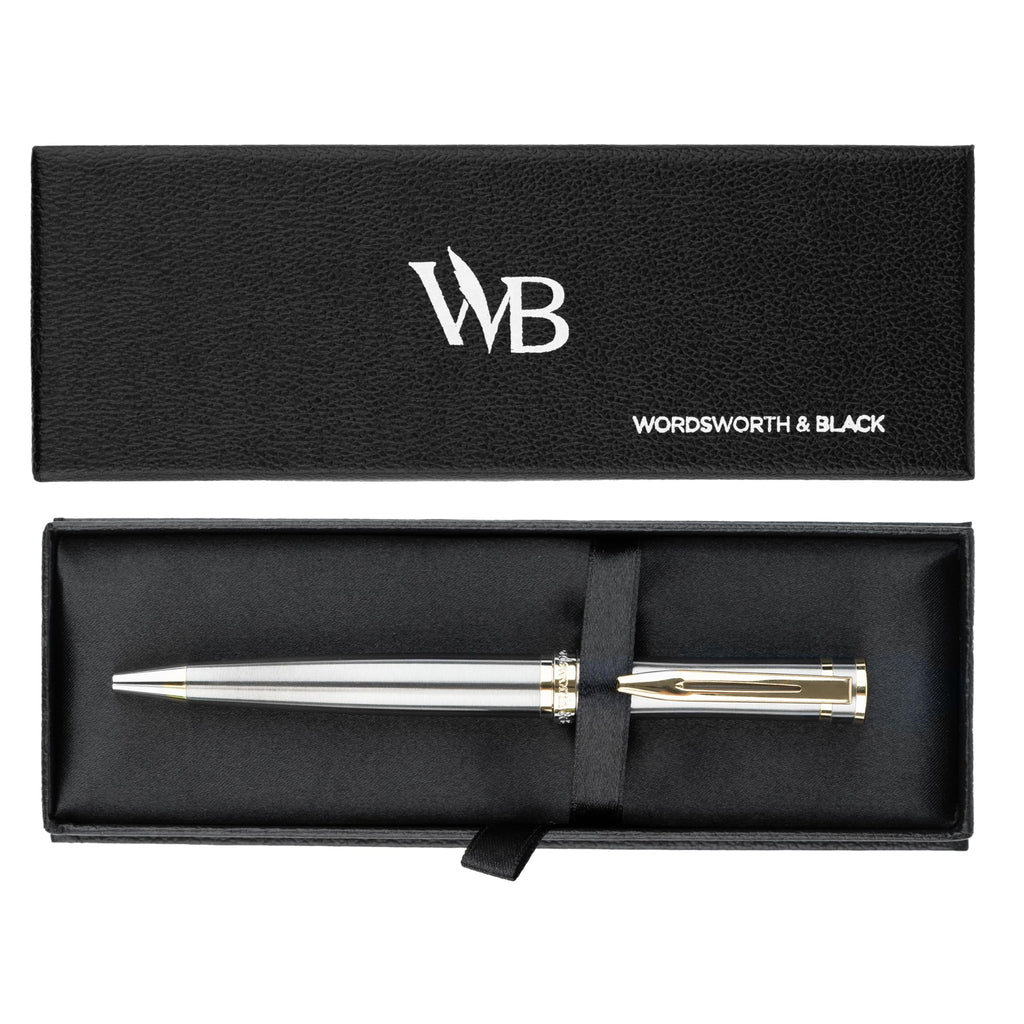 Wordsworth and Black Luxury Ballpoint Pen Set - Silver Lacquer 24K Gold Finish, Refillable Fine Point, Elegant Gift for Men & Women, Includes Ink Refill, Nice Pens for Work
