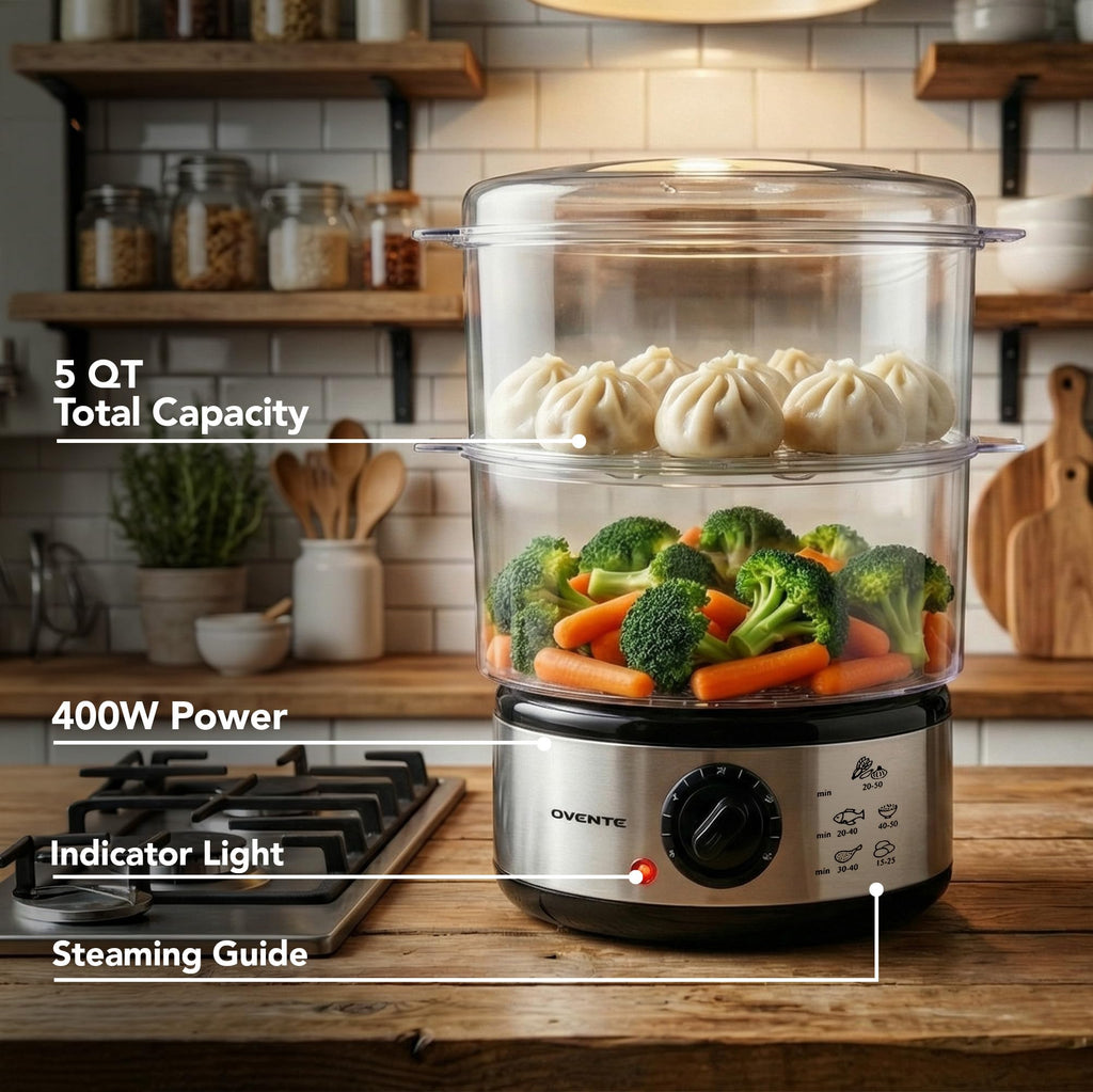 OVENTE 2 Tier Electric Food Steamer for Cooking Vegetables, Stainless Steel Base, Stackable and Dishwasher Safe Baskets, 400W with Auto Shutoff and 60-Minute Timer, 5 Quart Capacity, Silver FS62S