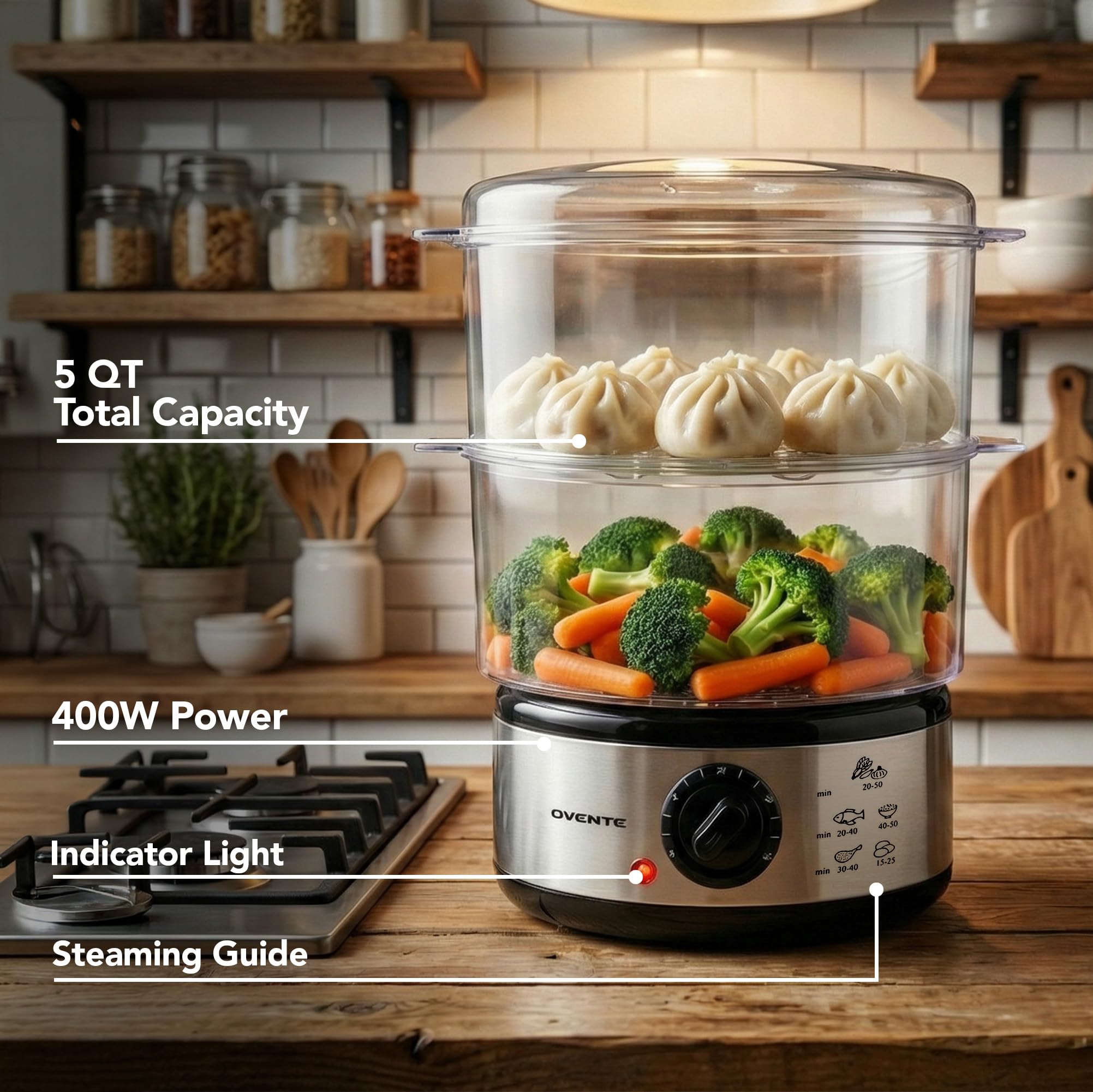 OVENTE 2 Tier Electric Food Steamer for Cooking Vegetables, Stainless Steel Base, Stackable and Dishwasher Safe Baskets, 400W with Auto Shutoff and 60-Minute Timer, 5 Quart Capacity, Silver FS62S