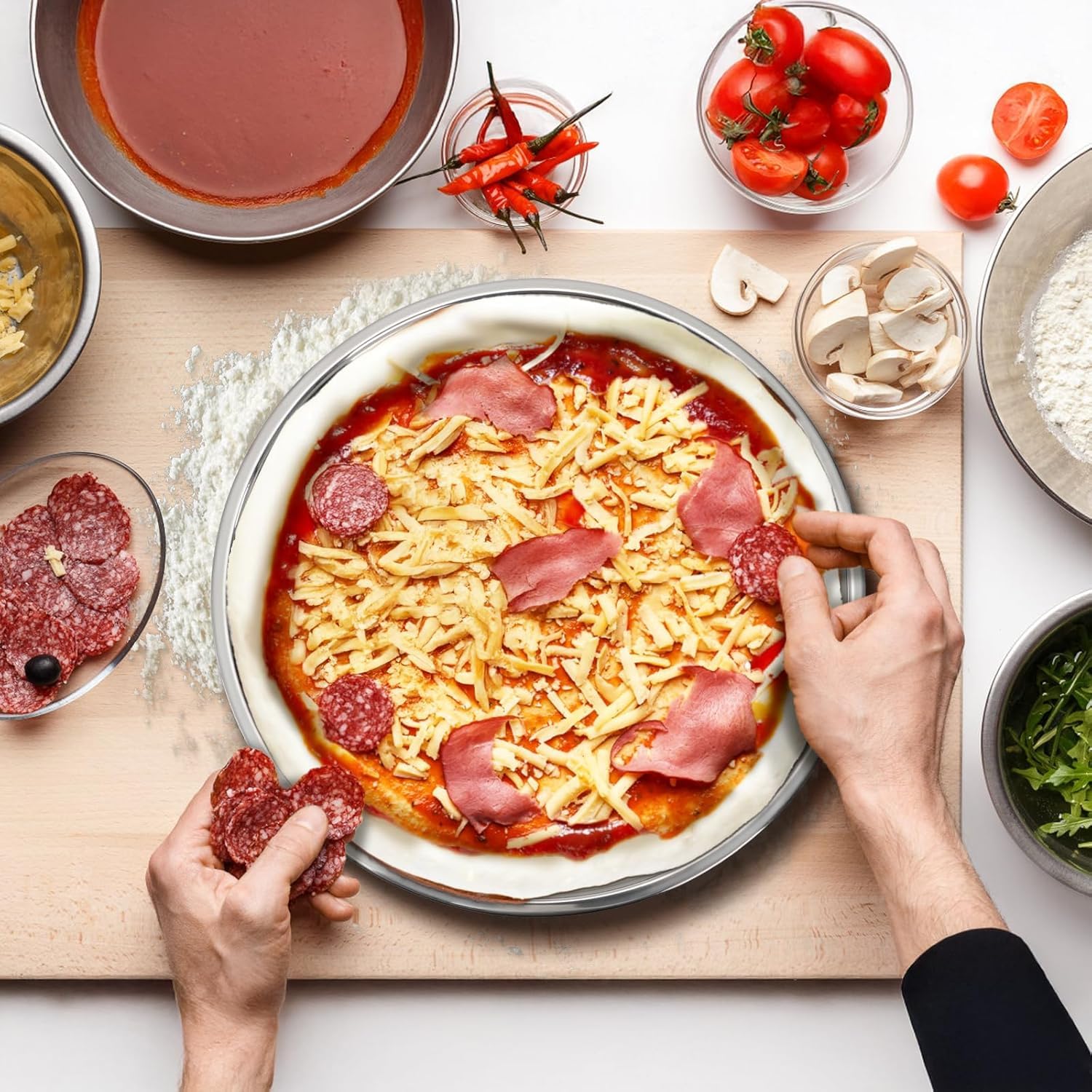 Elsjoy 4 Pack 13 Inch Stainless Steel Pizza Pan, Deep Dish Round Baking Pan Large Pizza Baking Tray, Heavy-Duty Pizza Dish Non-Stick Baking Sheet for Oven, Dishwasher Safe
