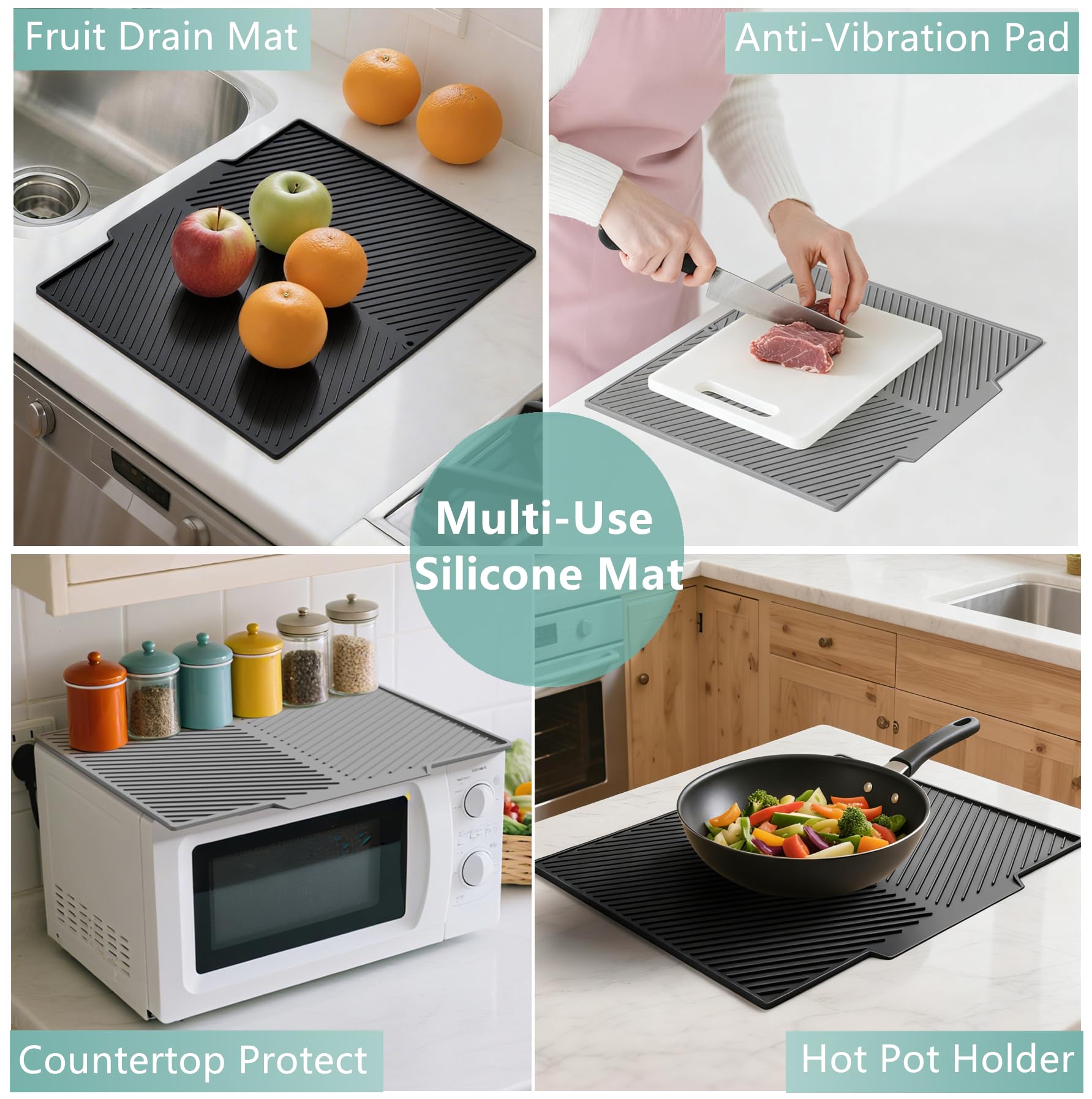 IYYI Dish Drying Mat, Silicone Dish Drying Mat, Drying Mat for Kitchen Counter, Large Drainer Mat, Non-silp, Heat Resistant, Dishwasher Safe, Drainboard with Built-in Drain (Black, 20"x17")