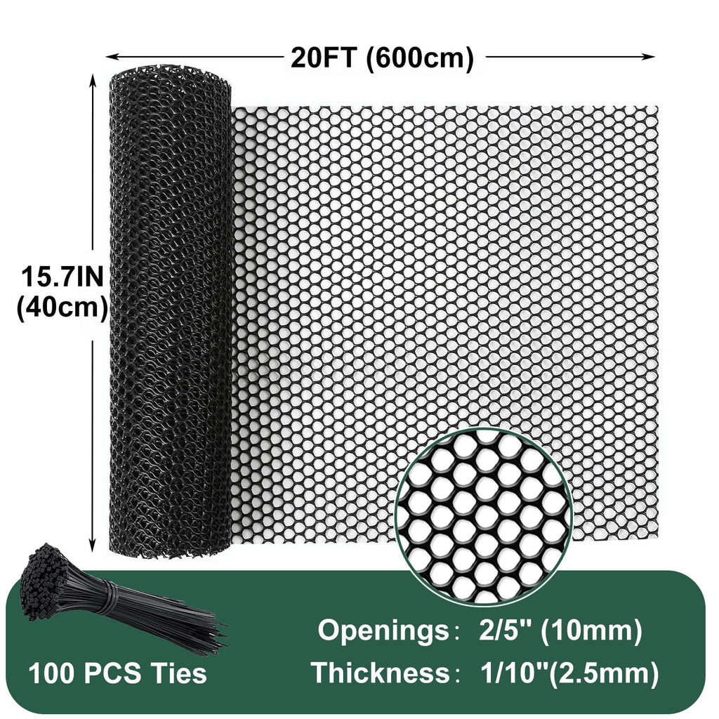 Matomtak Heavy Duty Rigid Plastic Wire Mesh Fence 15.7in x 20ft Large Roll Black Hexagonal Chicken Wire Netting with 100 Pcs Ties, Durable Poultry Floral Netting for Gardening, Construction Barrier