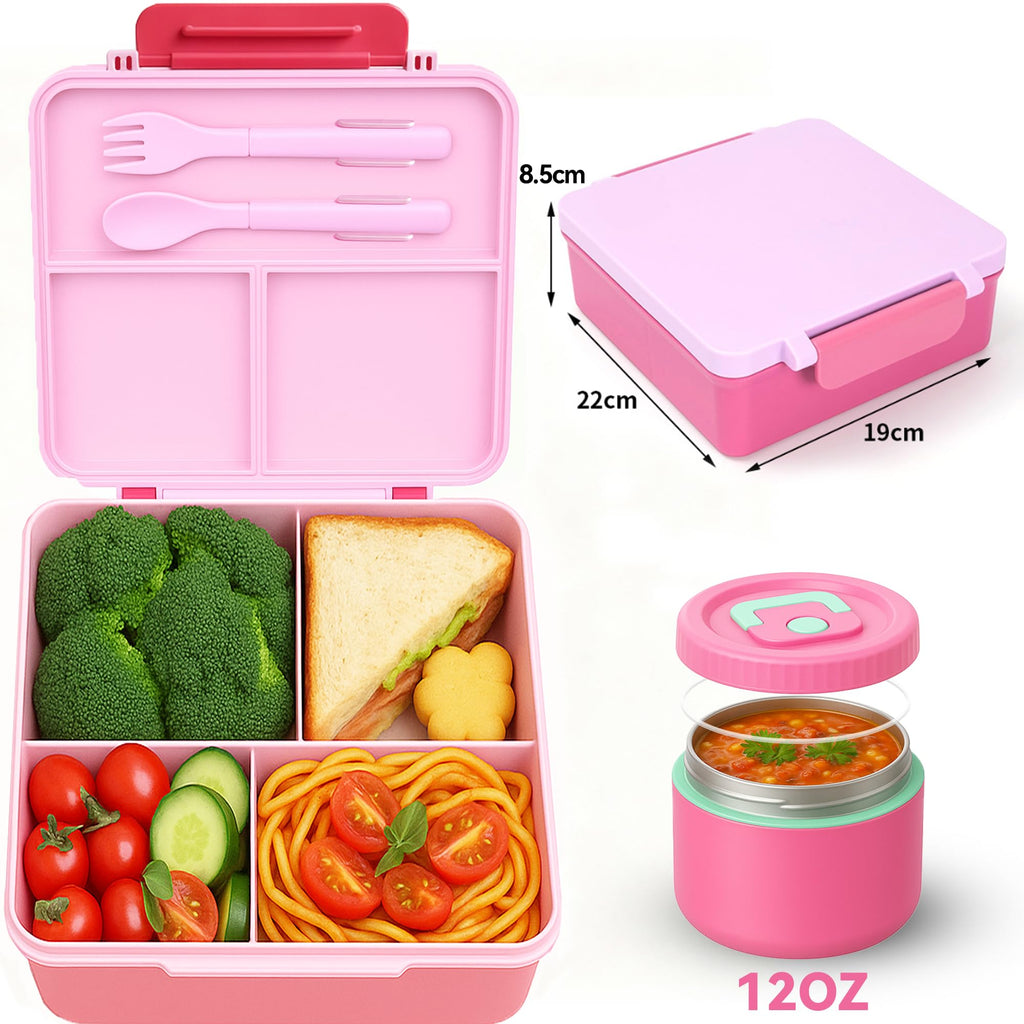 Bento Lunch Box for Kids with Carry Handle & Bento Box Bag, Leak-Proof 4-Compartments Lunch Box with 12oz Soup Jar and Cutlery, with Custom Dividers,Drop-Proof, Microwave and Dishwasher Safe (Blue)
