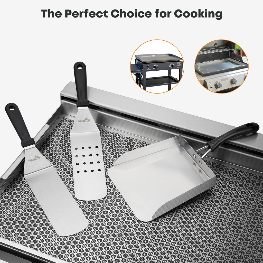 Stanbroil Stainless Steel Griddle Spatula Set for Outdoor Grill, 3 PCS Flat Top Grill Accessories, Includes Large Griddle Scoop, Perforated Spatula, Smash Burger Spatula
