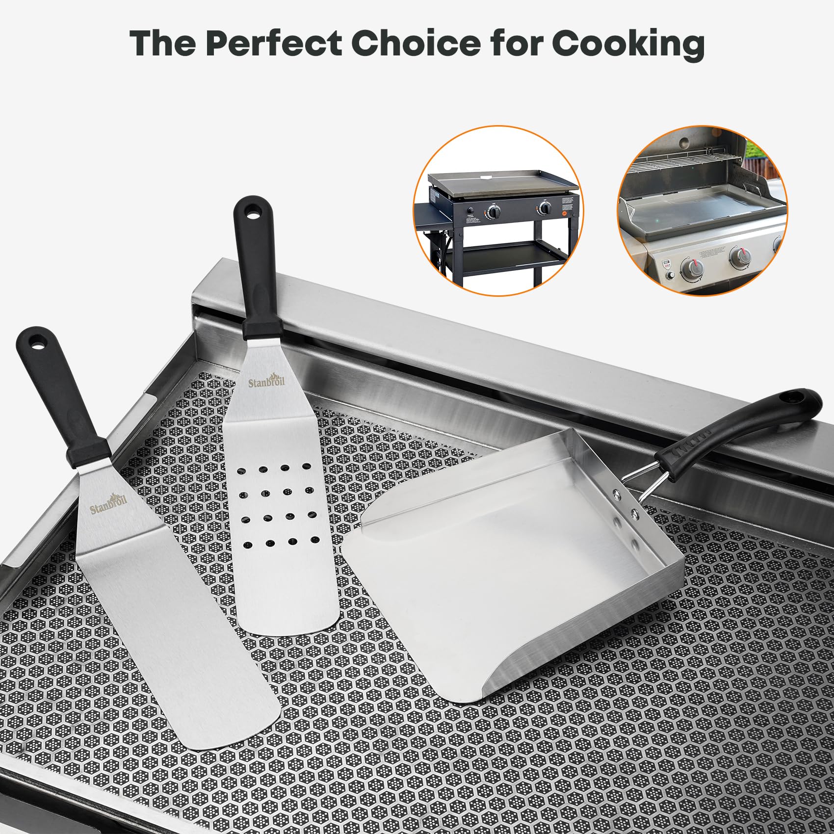 Stanbroil Stainless Steel Griddle Spatula Set for Outdoor Grill, 3 PCS Flat Top Grill Accessories, Includes Large Griddle Scoop, Perforated Spatula, Smash Burger Spatula
