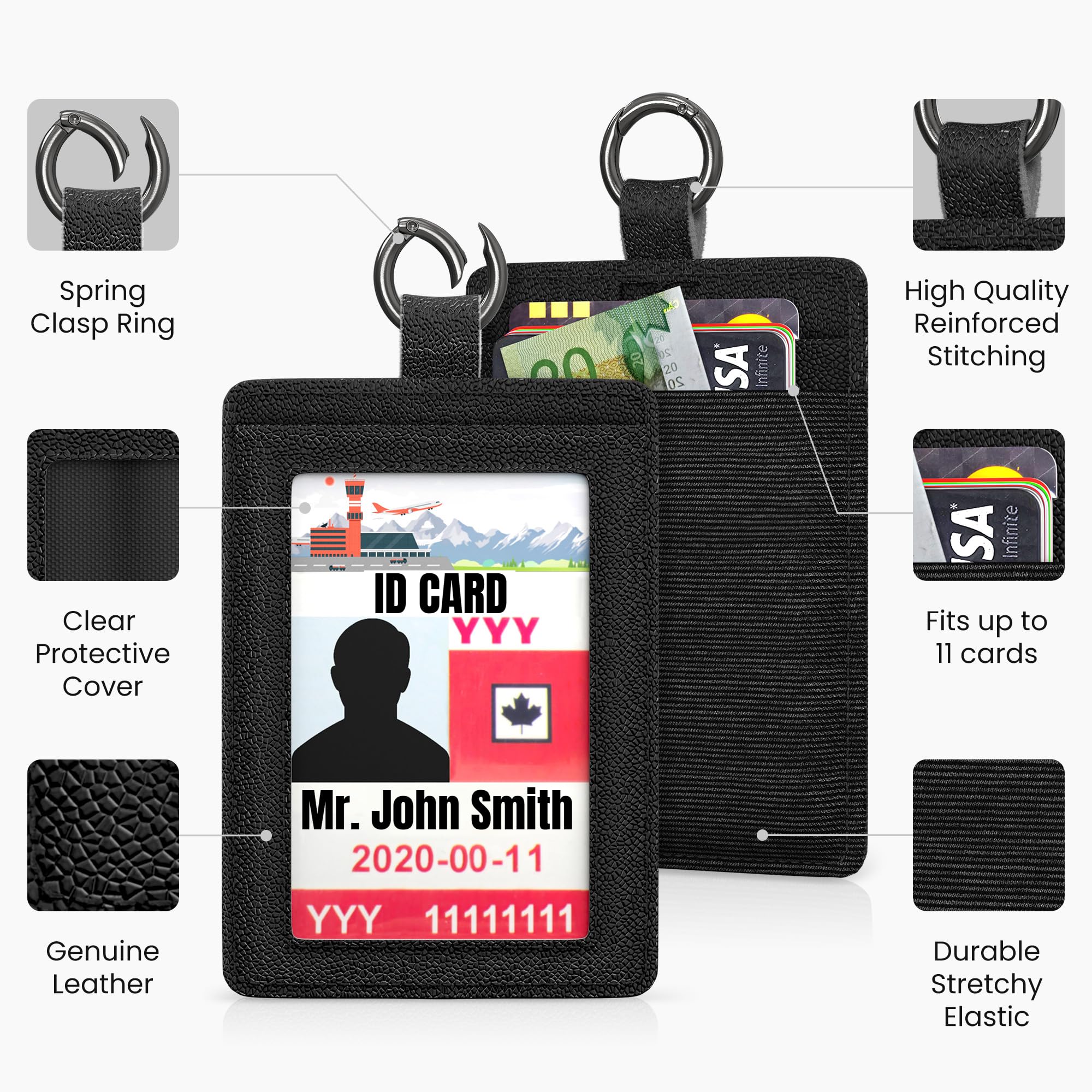 EDO GOT Black Genuine Leather ID Badge Holder for a Lanyard or Belt Loop, Premium ID Card Holder Multinational Design with Spring Ring Clasp, Elastic Back Card Pocket, Airports ID Badge Swipe