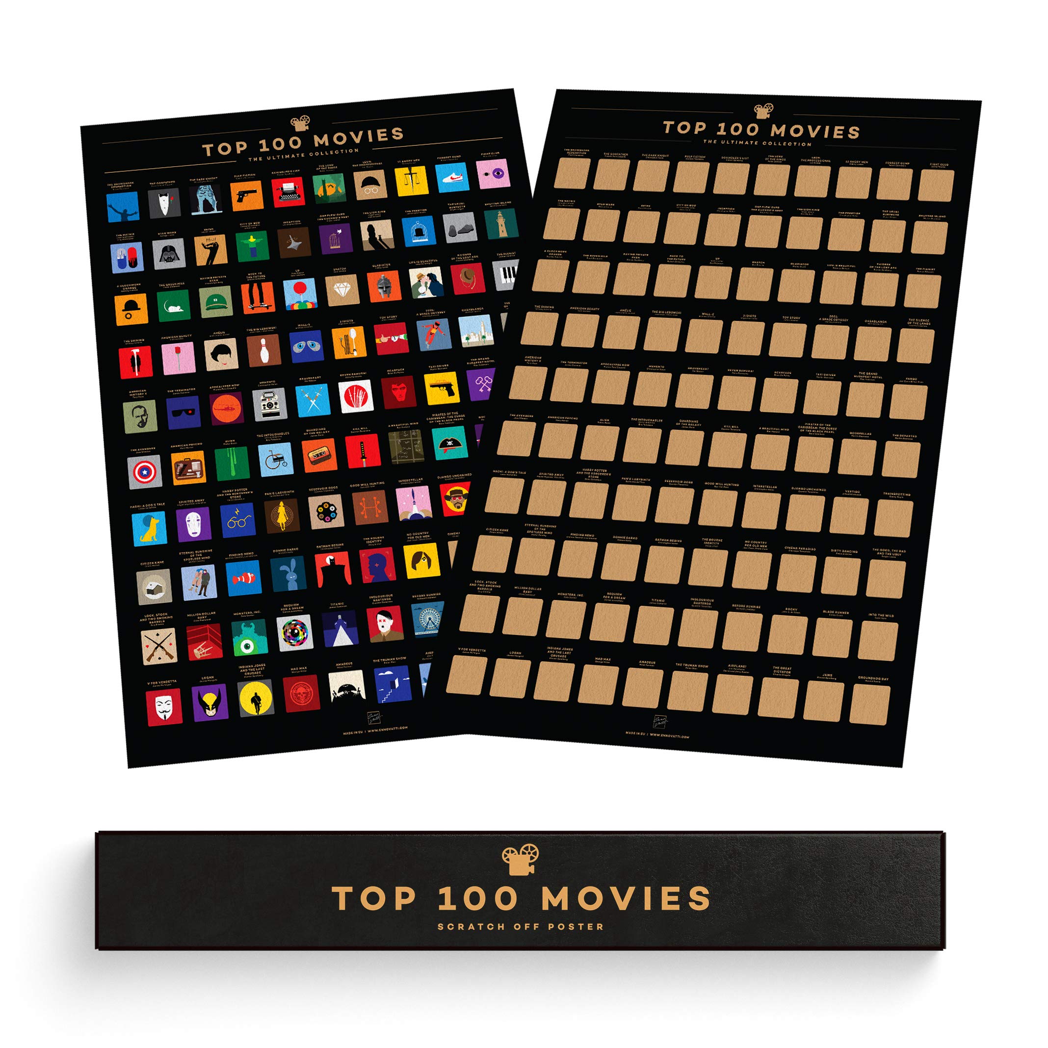 Enno Vatti 100 Movies Scratch Off Poster - Bucket List Movie Poster - Top Must-See Films for Movie Lovers - Date Night Ideas - Top Films of All Time Wall Decor - Cinema Challenge Chart - 42x59,4 cm