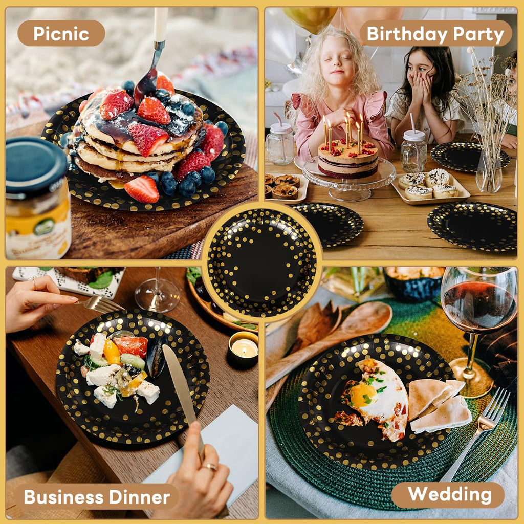 Vukehon 100PCS Disposable Black Paper Plates for Party Round Dinner Plates 7inch & 9 Inch Golden Foil Polka Dots, Black and Gold Party Supplies for Graduation, Birthday, Wedding, Cocktail Party