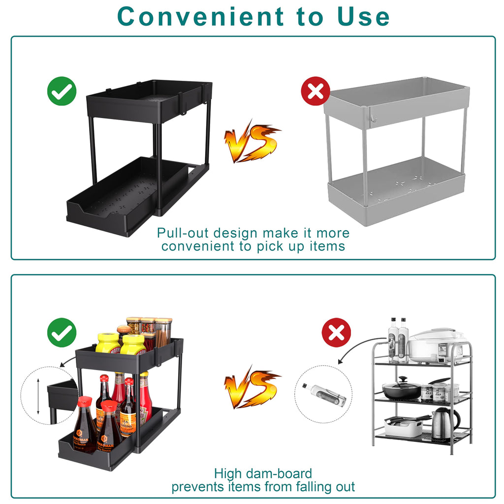 2-PACK Under Sink Organizers and Storage with Sliding Drawer, 2-Tier Bathroom Under Sink Shelf Rack,Multi-Functional Cabinet Storage Space Saver For Kitchen/Bathroom/Bedroom/Office.