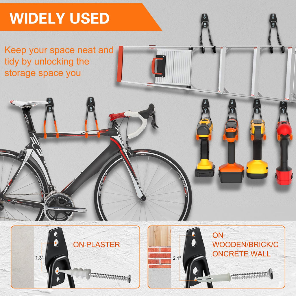 Garage Hooks Heavy Duty Utility Steel with Anti-Slip Coating Wall Mount Storage Organizer for Hanging Power and Garden Tools, Ladders, Hose, Bikes, Ropes, Bulk Items, and More (12 Pack Orange)