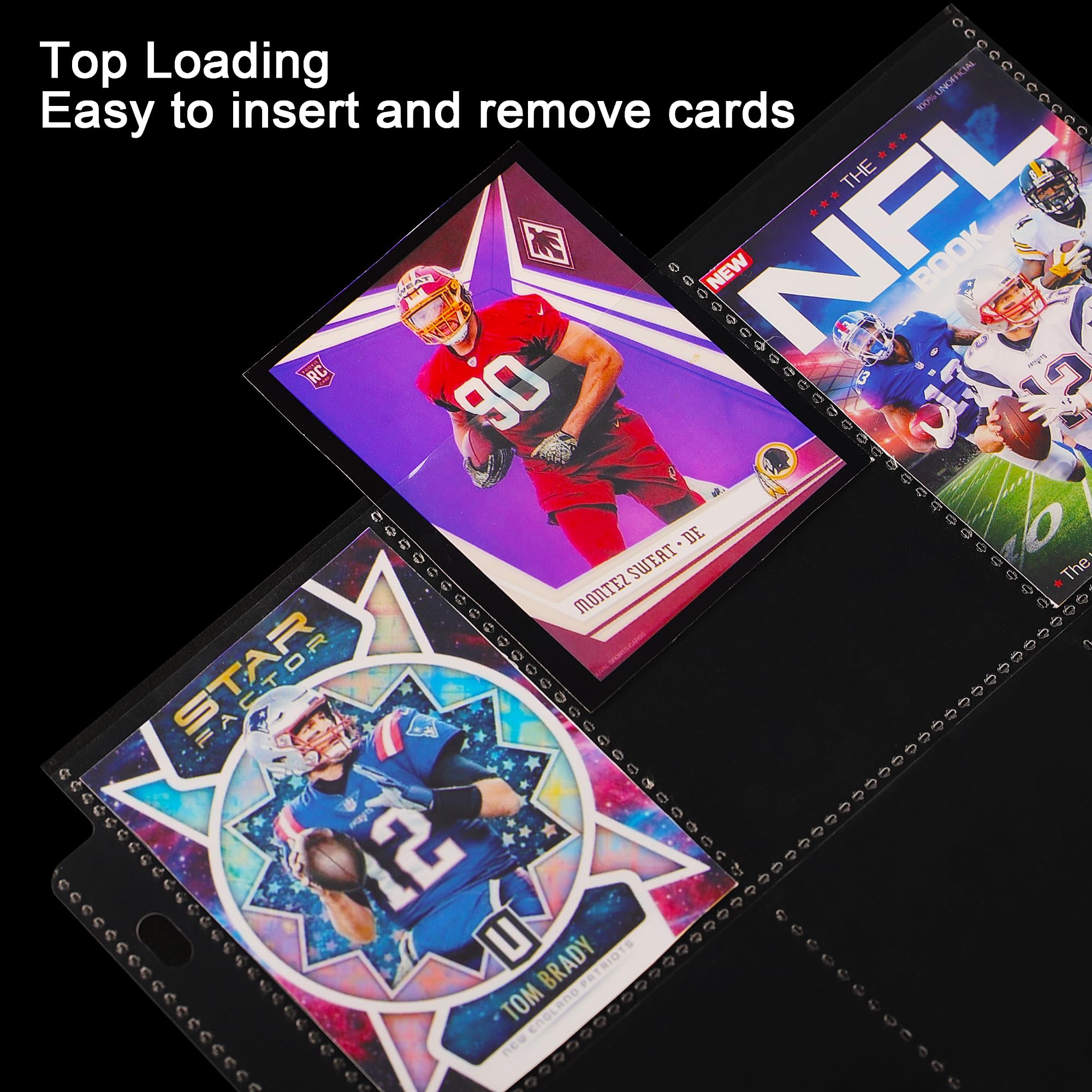 Trading Card Sleeve Pages 9 Pocket Pages Protectors 3 Holes for Trading Cards/Sport Cards/Game Cards Fit 3 Ring Binder OS02 (Transparent, 100 Sheets)