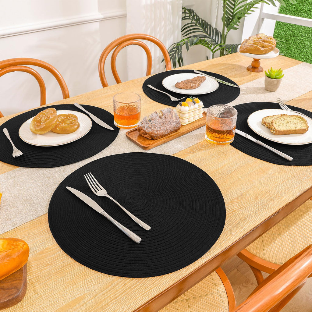 SHACOS Round Braided Placemats Set of 6 Washable Cotton Polyester Woven Round Table Mats 15 inch Heat Resistant (Black, 6)