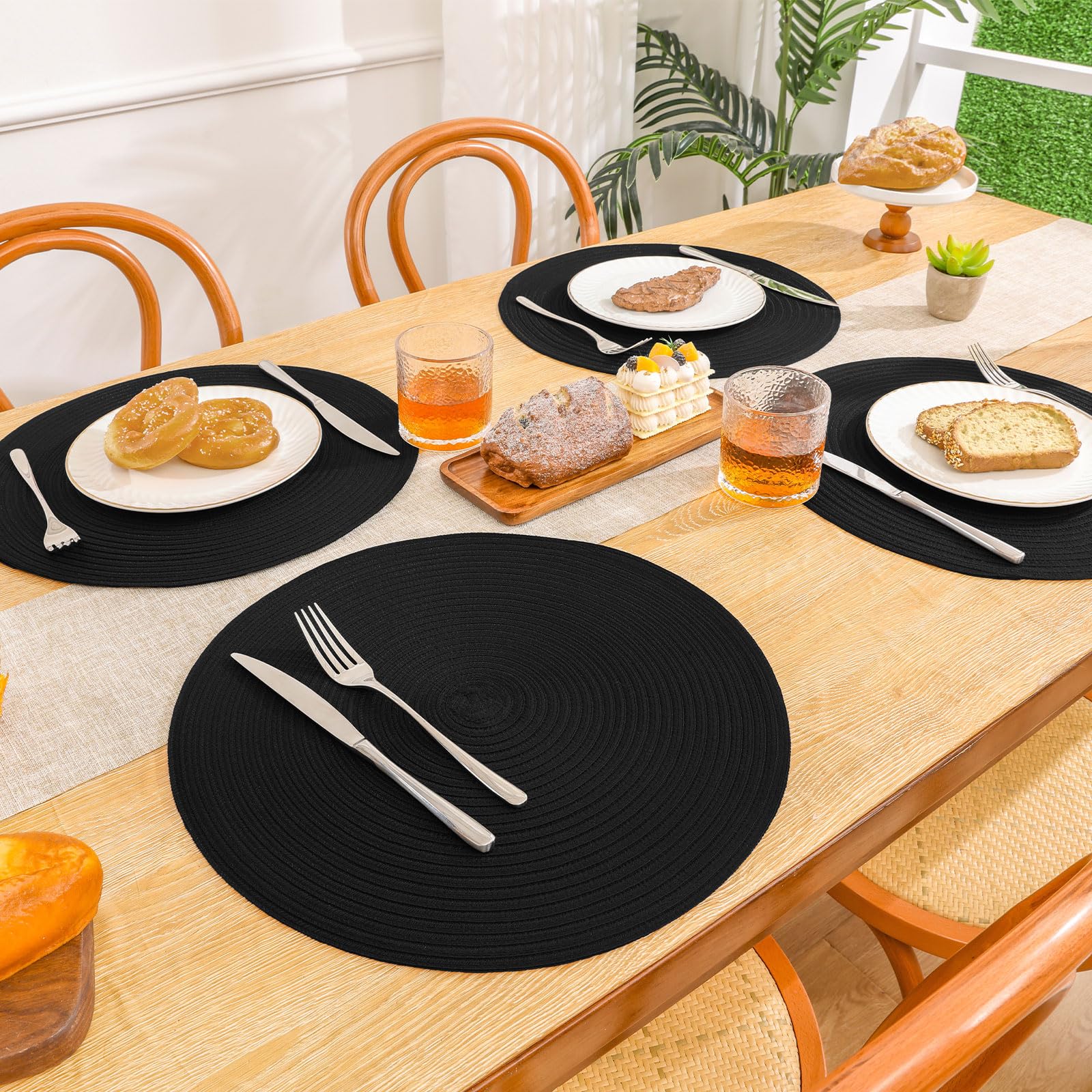 SHACOS Round Braided Placemats Set of 6 Washable Cotton Polyester Woven Round Table Mats 15 inch Heat Resistant (Black, 6)