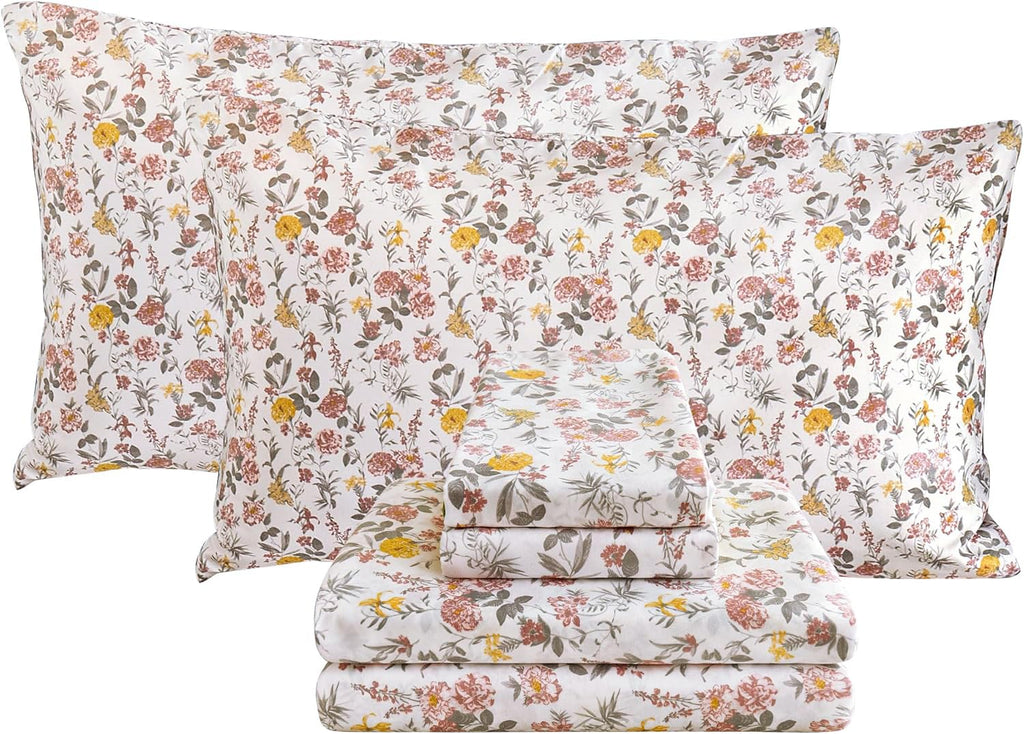 Viviland Floral King Sheet Set - 4 Piece Vintage Pink & Yellow Flower Patterned Bed Sheets - Soft, Breathable Microfiber Sheets with Deep Pocket, Non-Slip Fitted Sheets & Pillowcases