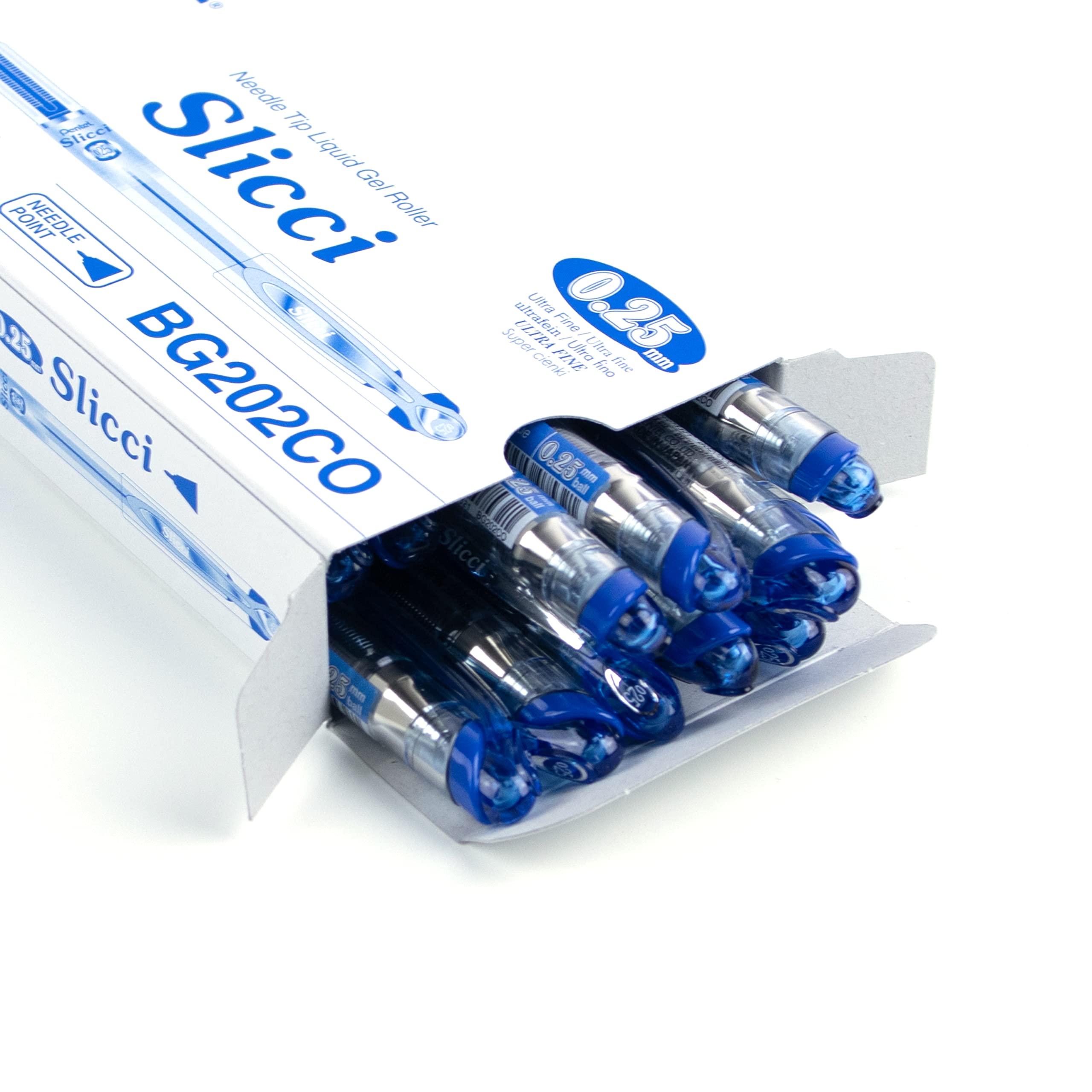 Pentel Arts Slicci Liquid Gel Rollerball Pens, Art, Sketching, Journaling, 0.25mm Extra Fine Point, Blue Ink, BG202C, Box of 12